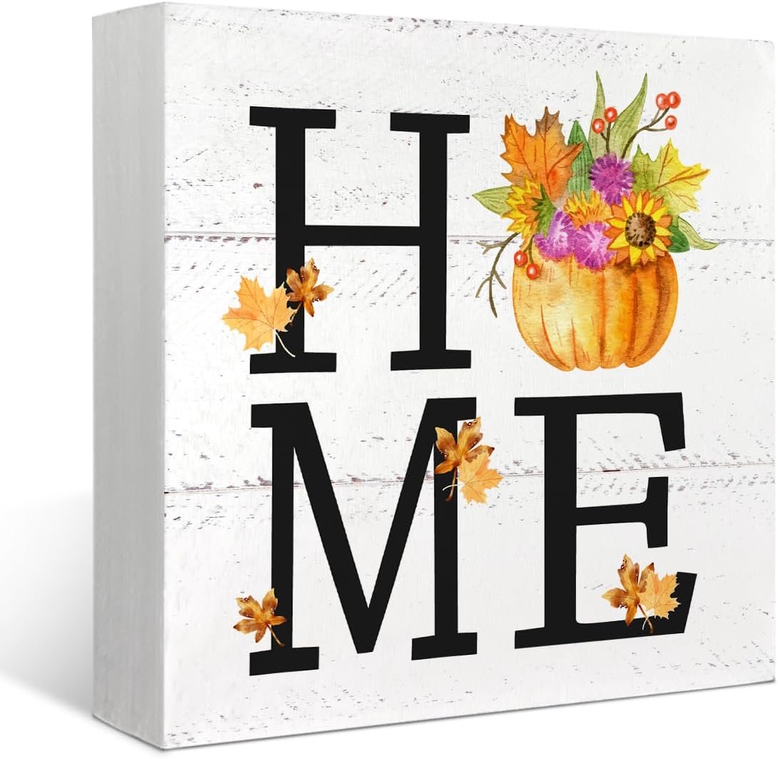 MtrgdnFall Decor for Table Wood Box Sign Home Maple Leaf Autumn Floral Harvest Thanksgiving Halloween SeasonalDesk Decor,Farmhouse Rustic Wood Block Plaque Decorations for Home Desk Wall Shelf Decor