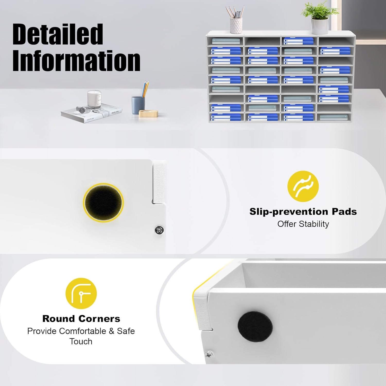 36 Slots Literature Organizer, Desktop Paper & Mail File Sorter for Classroom/Office/Home, PVC File Storage Cabinet with Adjustable Compartments, Multi-Purpose Mail Center (White-36 Compartments)