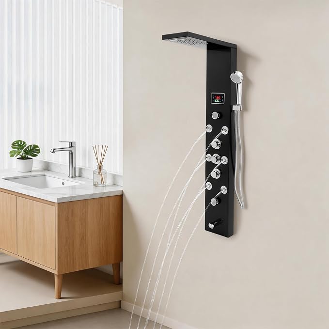 Panel de ducha termostático LED con hidromasaje negro miniatura 7
