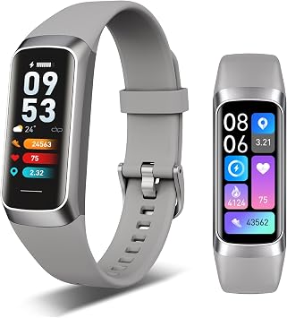 Fitness Tracker, 24/7 Heart Rate Blood Oxygen Blood Pressure Body Temp Monitor Sleep Calorie Tracker with 1.1" AMOLED Touch Color Screen Pedometer Smart Watch Waterproof for Women Men Silver Gray