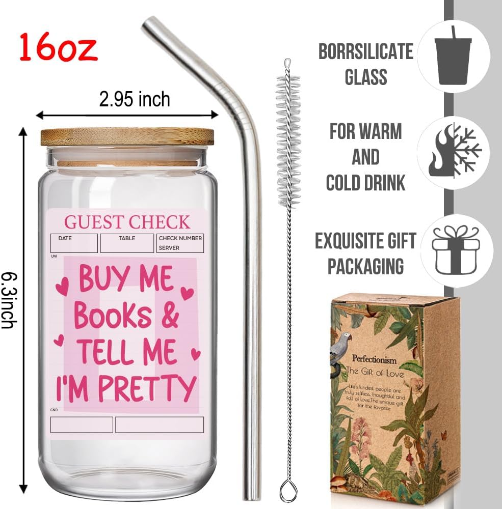 Buy Me Books and Tell Me I'm Pretty 16oz Glass Cup with Lid and Straw Gifts for Librarian, Book Lovers Reading Group Club Gifts for Women, Bookish Gift, Librarian, Bookish, Library Birthday Present