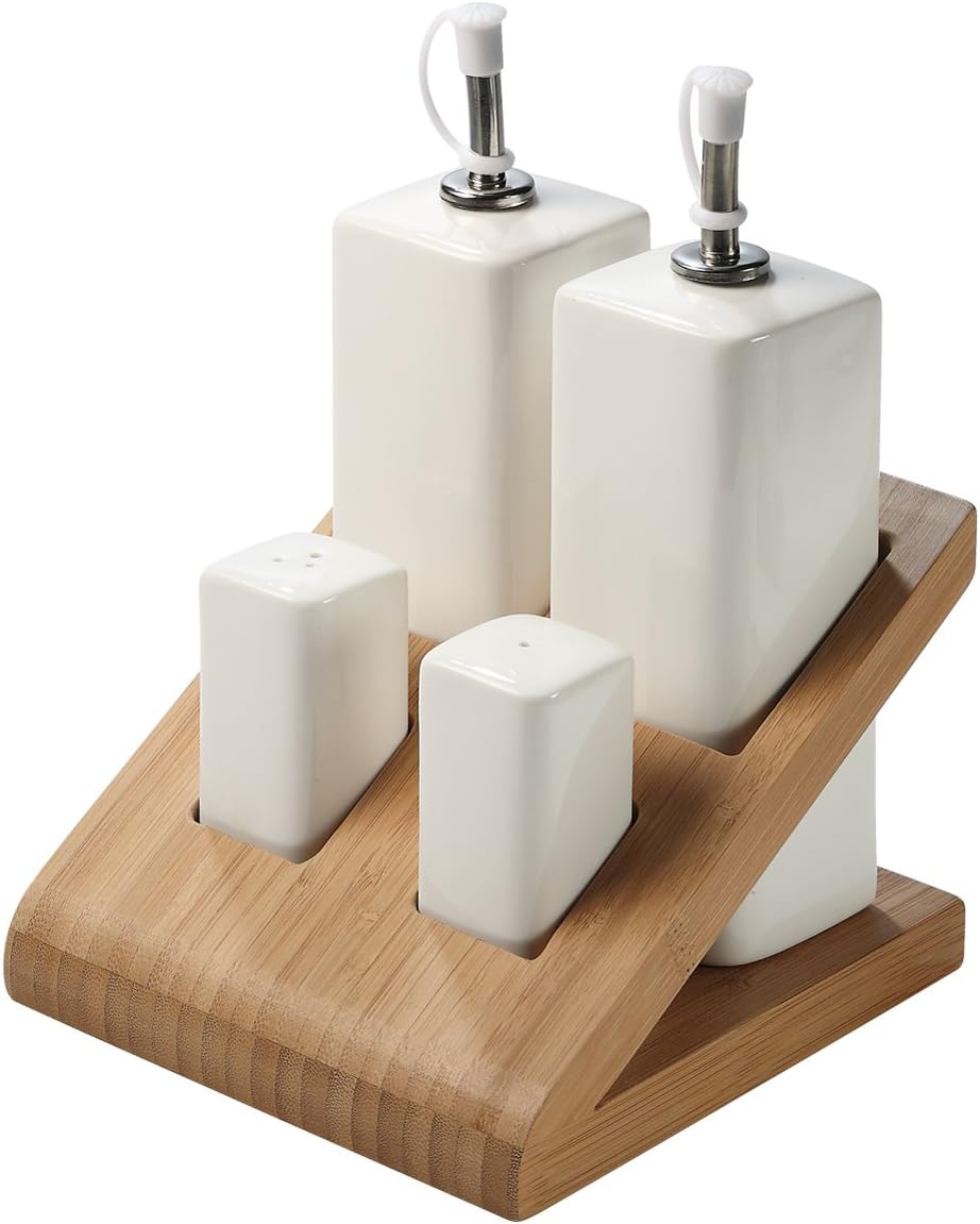 elasto form Condiments Rack Bamboo Salt & Pepper Shaker Set Oil Vinegar Bottles Wooden and Stoneware