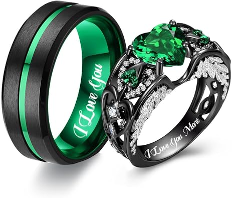 Matching Wedding Rings for Couples Set Promise Rings for Him and Her Customizable Emerald Green Engagement Rings for Women Men Wedding Ring Tungsten Engraved Valentine's Day Jewellery Gift