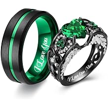 RHANY Matching Wedding Rings for Couples Set Promise Rings for Him and Her Customizable Emerald Green Engagement Rings for Women Men Wedding Ring Tungsten Engraved Valentine's Day Jewellery Gift