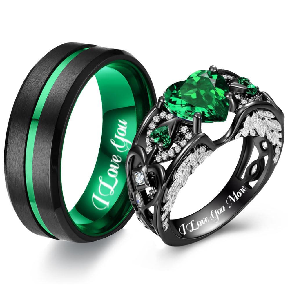 RHANY Passende Eheringe für Paare Set Versprechen Ringe für ihn und sie anpassbare Smaragd grün Verlobungsringe für Frauen Herren Ehering Wolfram graviert Valentinstag Schmuck Geschenk