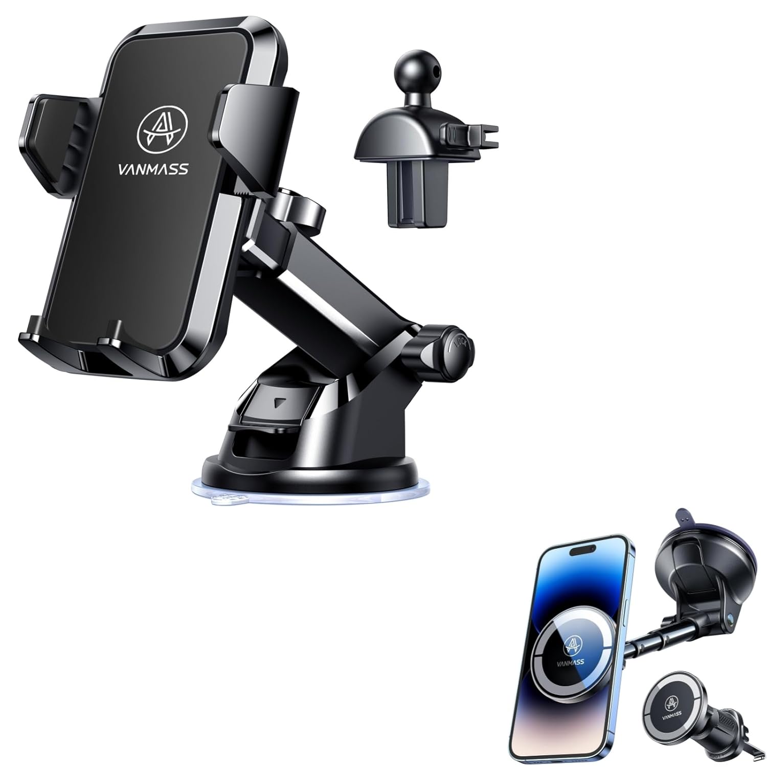 VANMASS 2024 Best Car Phone Holder Upgraded Solid Durable Cell Phone Car Mount for Dashboard Windshield Vent Suction