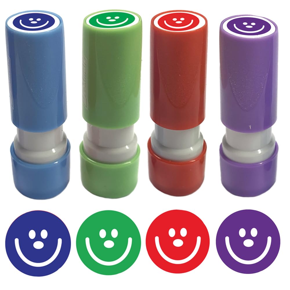 Stamps Direct Green/Red/Blue Small Smiley Face Stampers - 8Mm Image. Ideal For Teacher Or Loyalty Stamps. 4 X Self-Inking Stamp Set In And Purple Ink