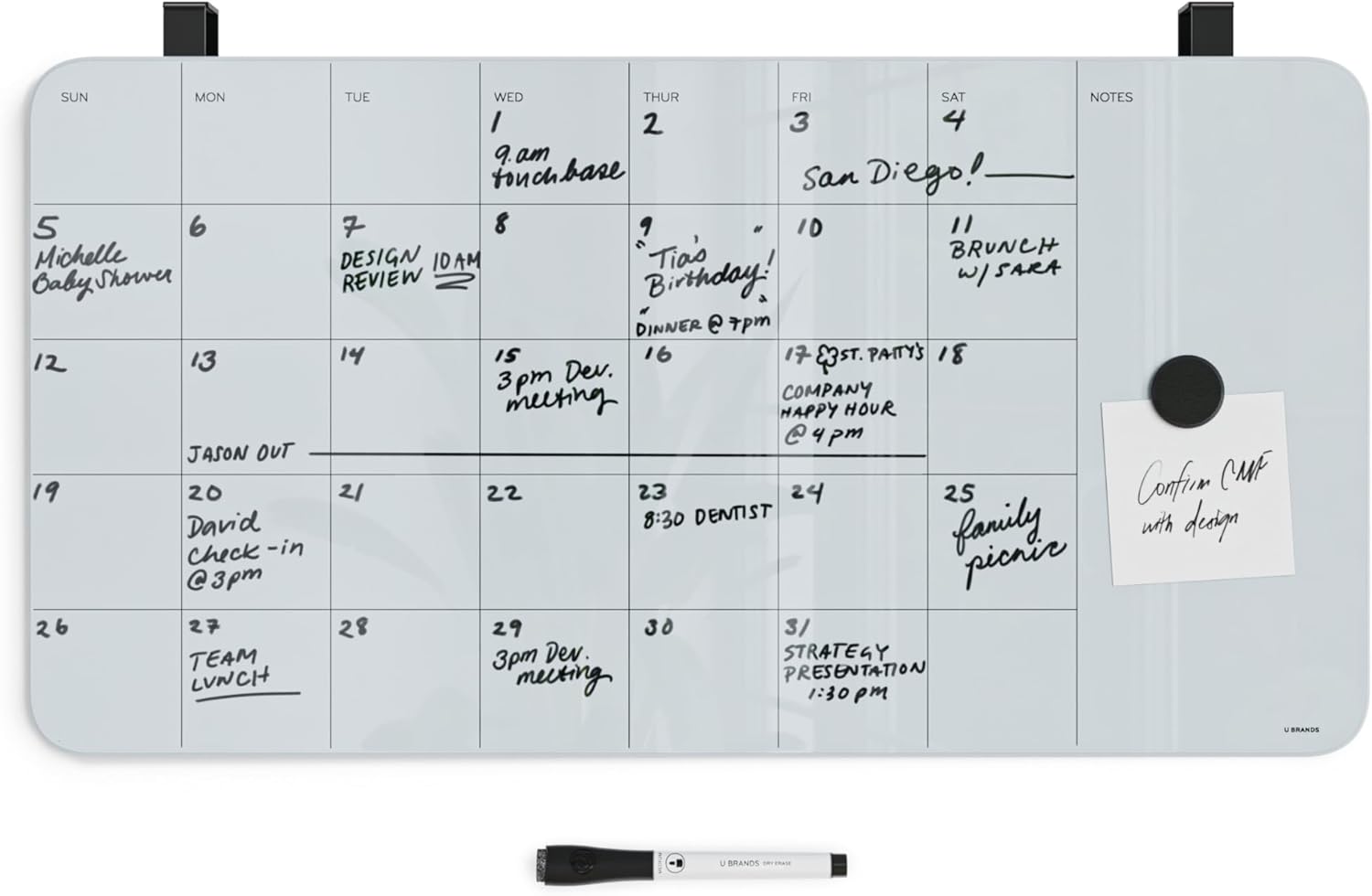 U Brands Magnetic Cubicle/Wall Glass Dry-Erase Monthly Calendar Board, 23" X 12" Inches, White Frosted Surface, Frameless