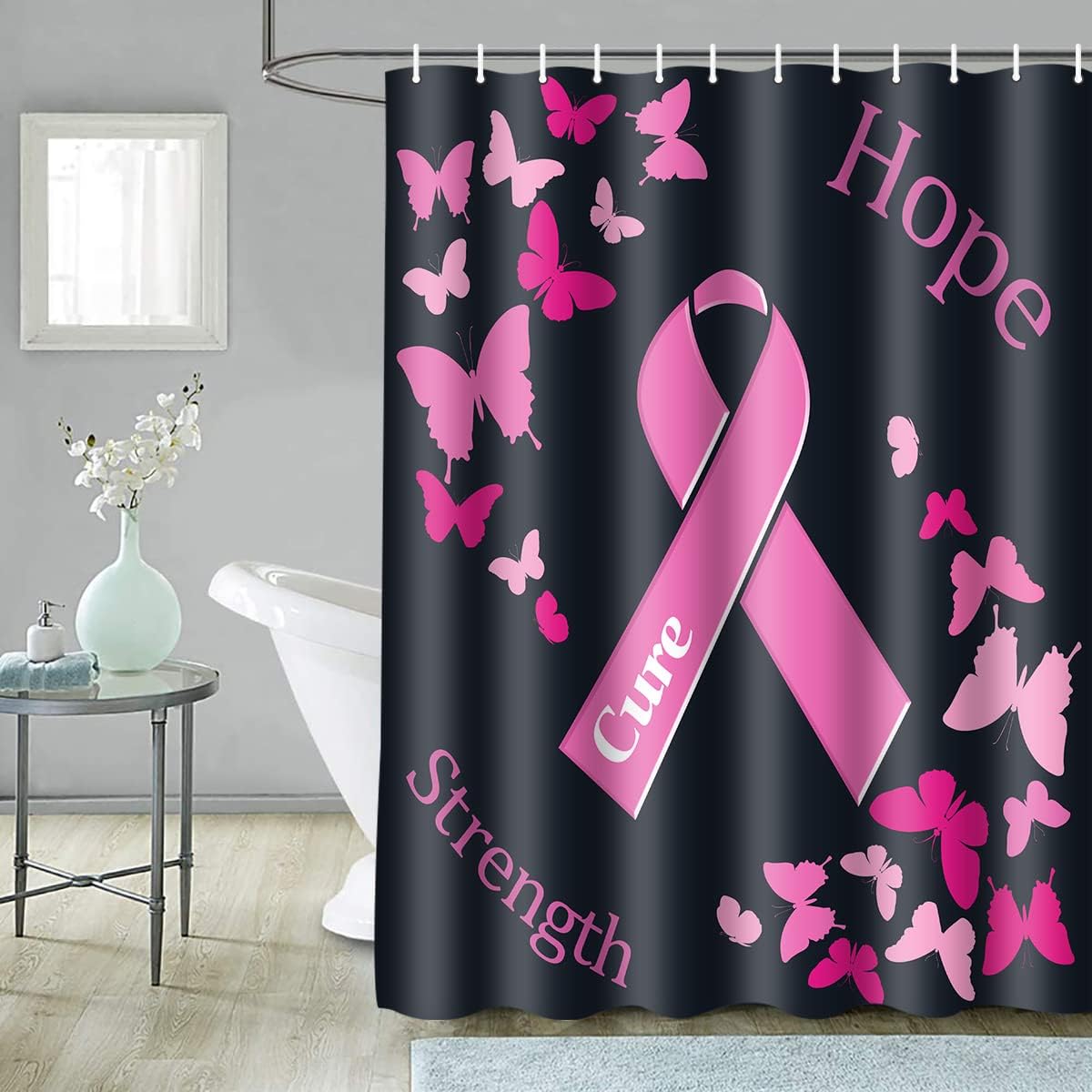 Breast Cancer Awareness Symbol Shower Curtain Set, Pink Ribbon and Butterfly Women Bathroom Curtains Decor with 12 Hooks, 72x78in, Long Polyester Bath Curtain, YLXTGU8