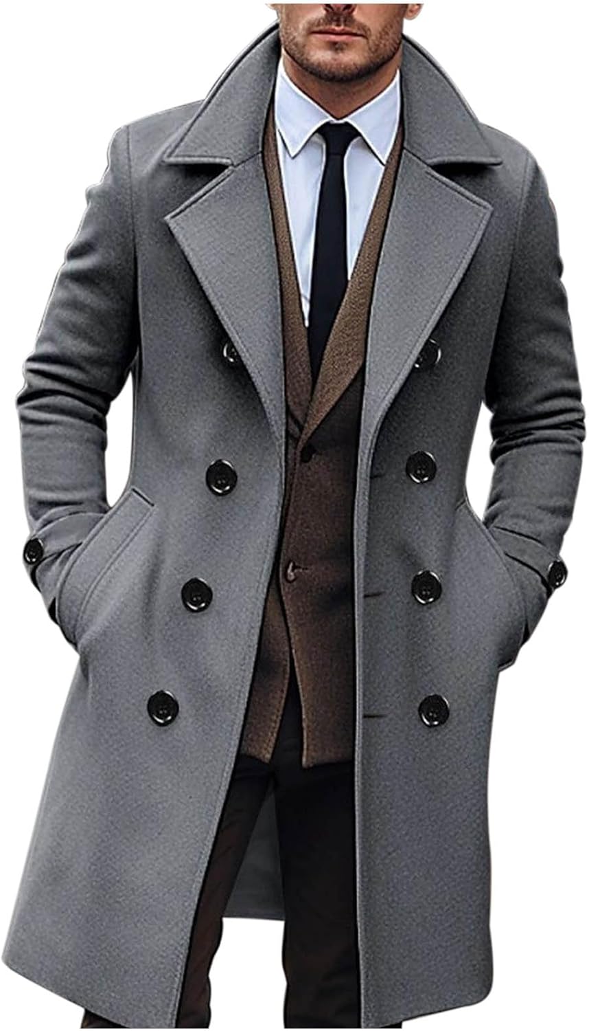 Men's Premium Wool Blend Trench Coat Classic Double Breasted Long Pea Coat Winter Notched Collar Windbreaker Overcoat