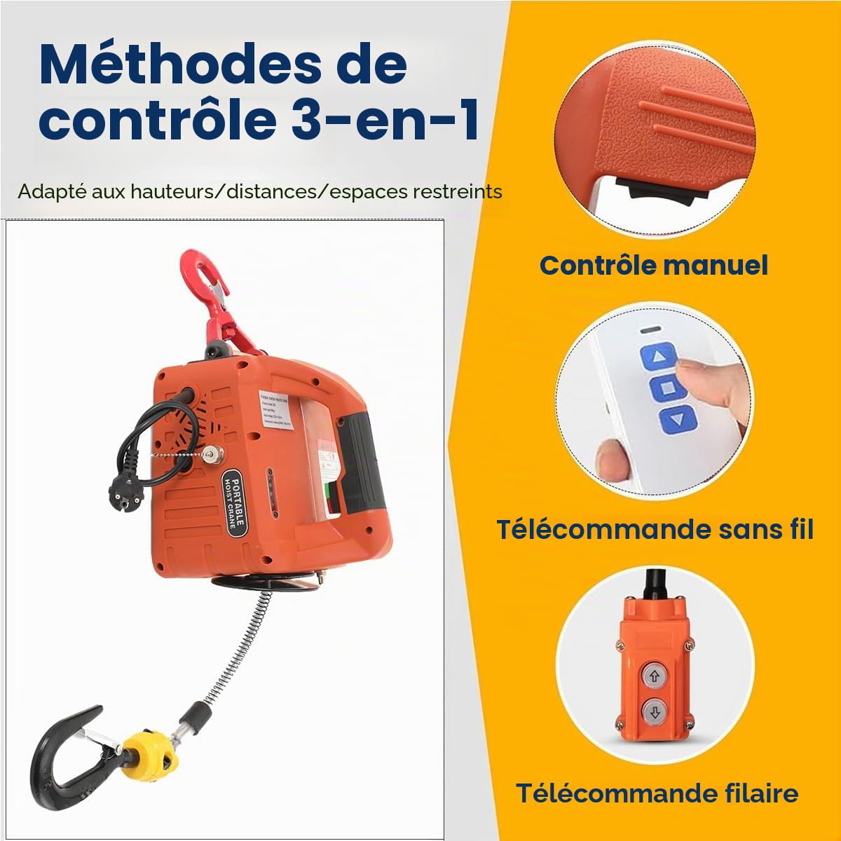 Palan Élévateur Électrique 3 en 1, Charge 500KG, 1500 W | Treuil Électrique Portable, Treuil de Levage Électrique avec Télécommande Sans Fil, Télécommande à Câble