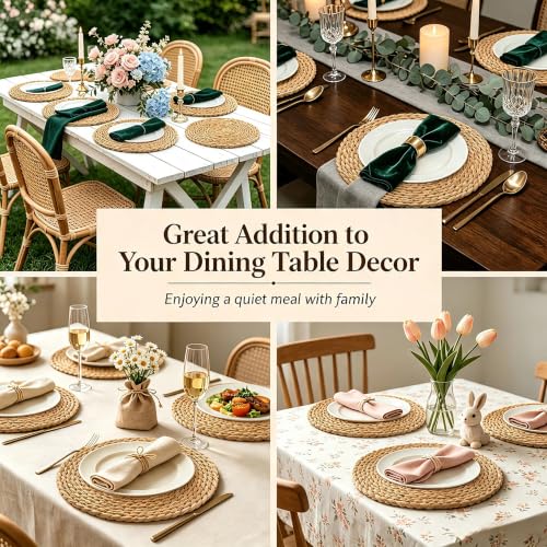 Image of 13.8 Inch Round Woven Placemats Set of 8, Rattan Chargers for Dinner Plates, Rattan Wicker Table Mats Jute Braided, Boho Farmhouse Rustic Braided Place Mats for Kitchen Dining Party Decor