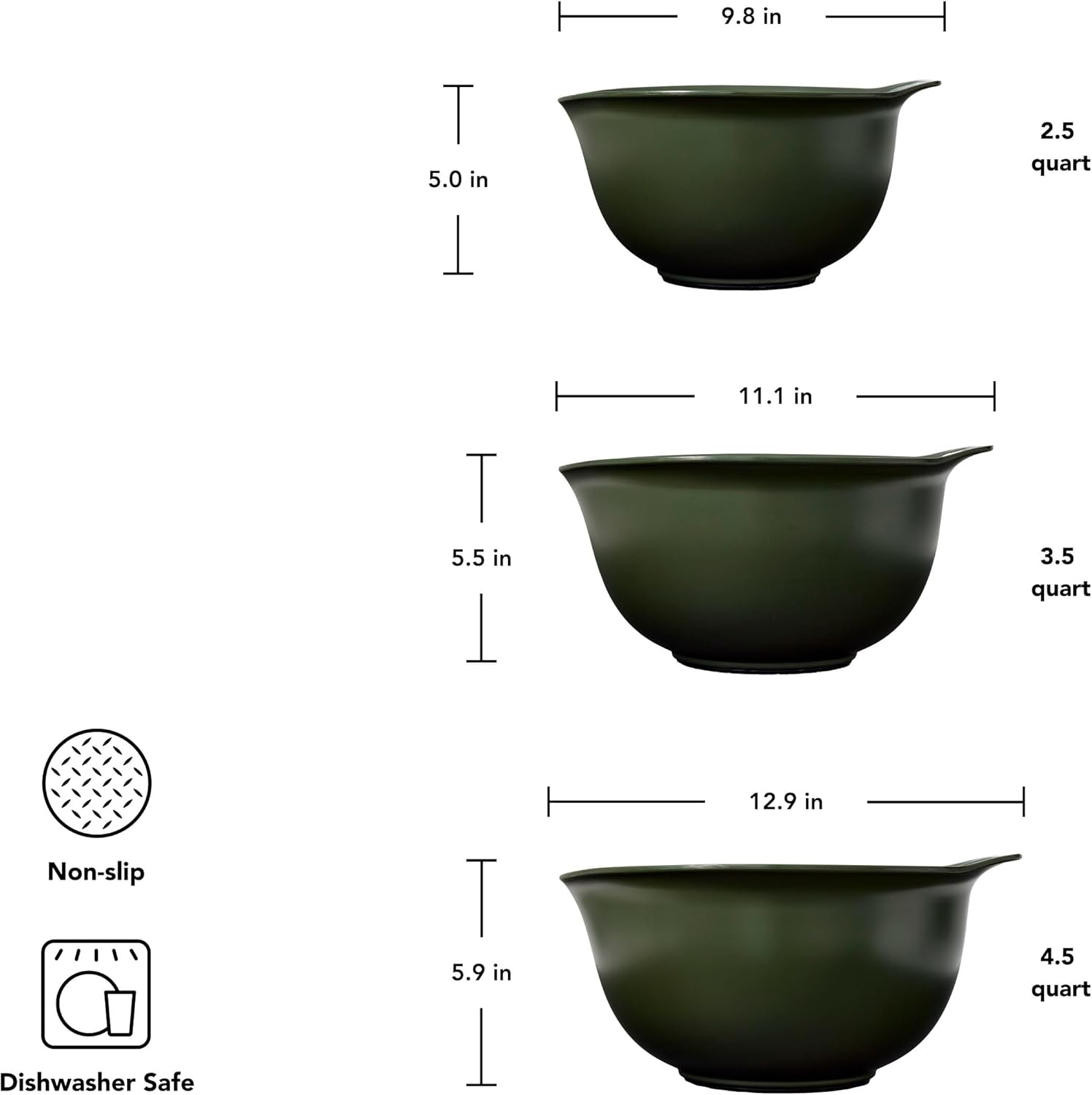 KitchenAid Universal Nesting Plastic Mixing Bowls, Set of 3, 2.5 quart, 3.5 quart, 4.5 quart, Evergreen