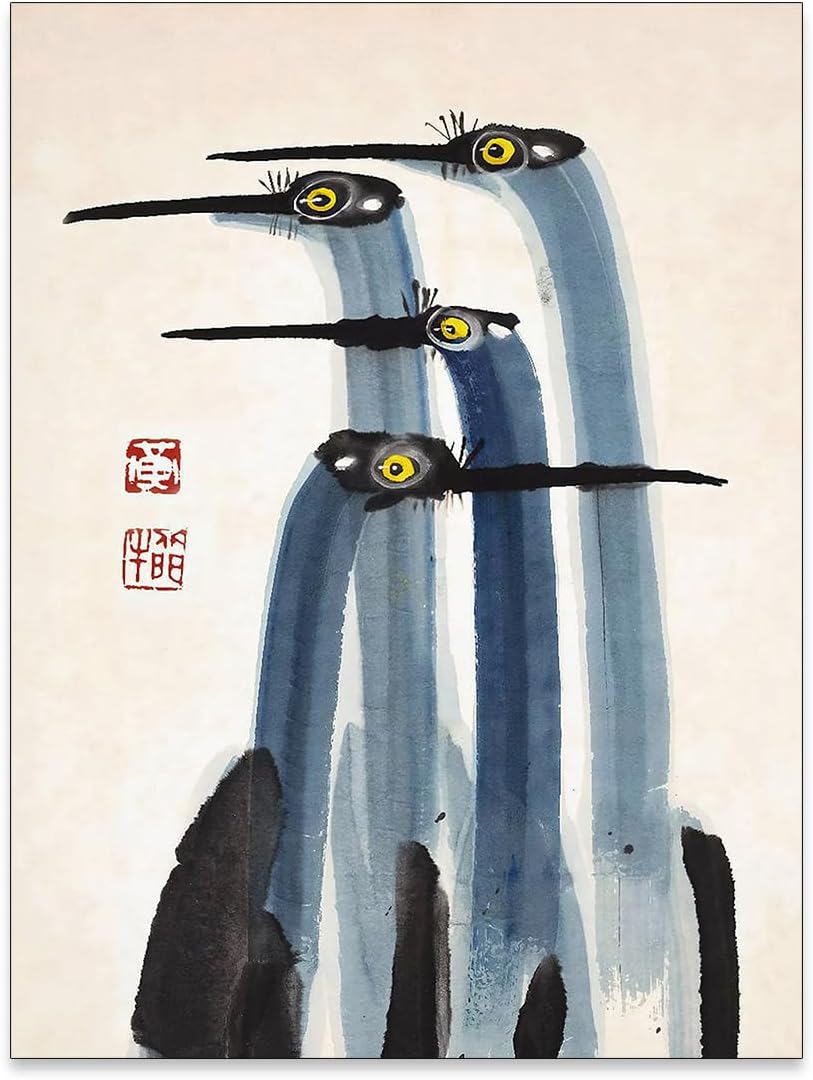 Heltrappe Japanese Vintage Crane Canvas Poster - Blue Minimalist Asian Bird Wall Art, 12x16 Inch Unframed Farmhouse Decor