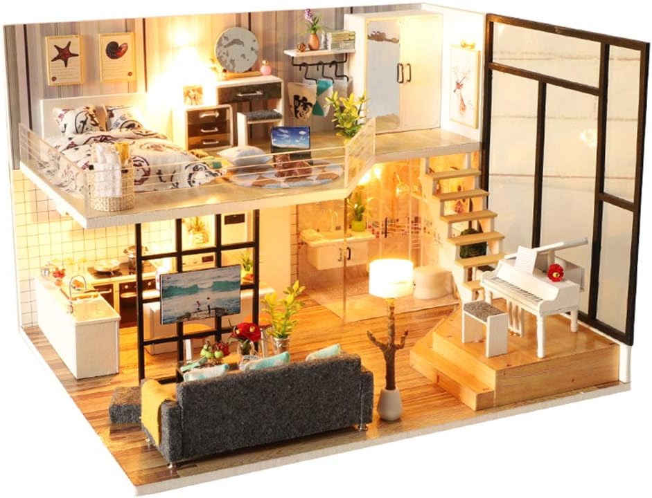 Spilay DIY Miniature Dollhouse Wooden Furniture Kit,Handmade Mini Plus Duplex Apartment Home Model,1:24 Scale 3D Puzzle Creative Doll House for Children Gift (Happiness Code with dust cover music box)