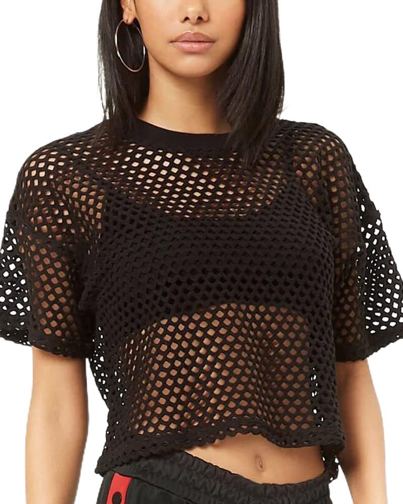 CLOZOZ Women's Mesh Crop Top See Through Fishnet Shirt Crew Neck Sheer Cover Up