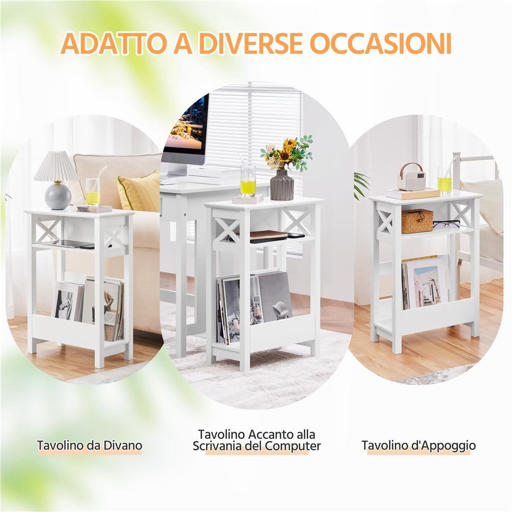 Yaheetech Tavolino Alto Bianco Tavolino Laterale da Divano Tavolino da Salotto Soggiorno Moderno con Scomparto Aperto e Cestino Portaoggetti 50 x 25 x 70 cm