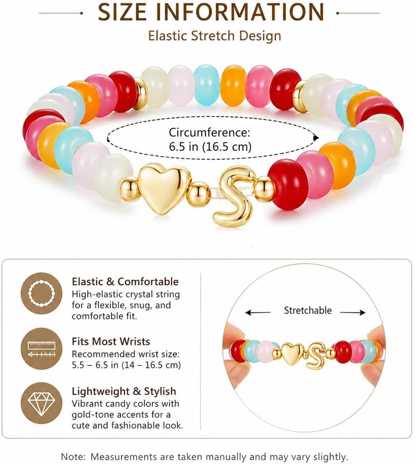 Initial Colorful Resin Beaded Bracelet For Women, 14k Gold Plating Boho Dopamine Letter Heart Stretch Bracelets Dainty Stackable Summer Beach Gifts Jewelry