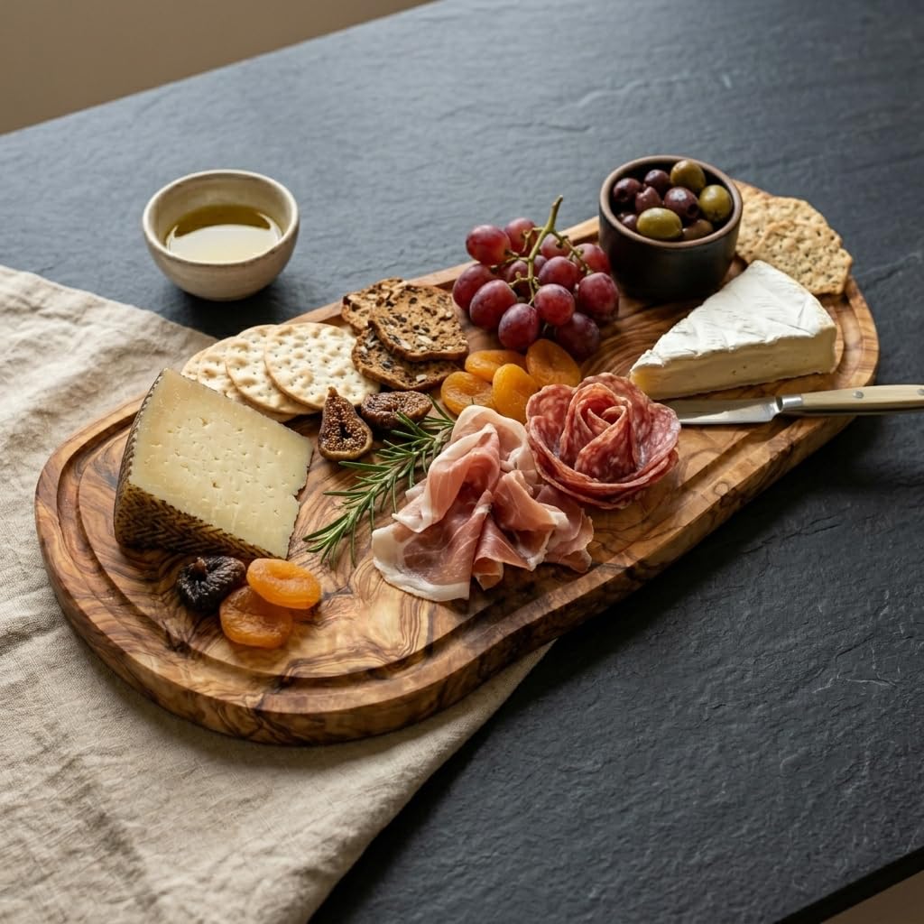 Planche de Présentation Bois d'Olivier Massif | Rainure à Jus & Encoche Épices | Plateau Service Viande Fromage Apéritif 40cm | Live Edge Naturel | Artisanat Tunisien | Maison Zayt - Idée Cadeau