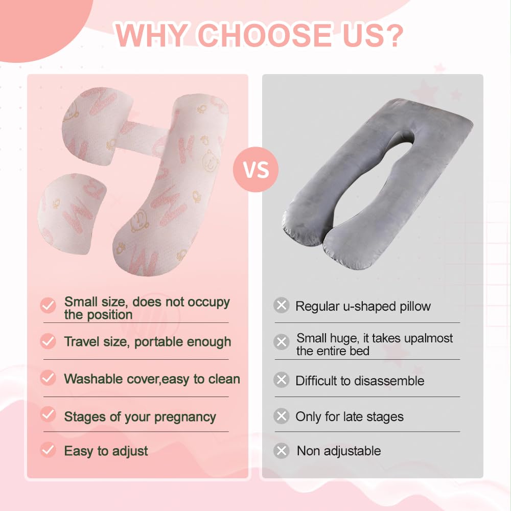 Almohada de embarazo ajustable, almohada de embarazo para dormir, almohada de embarazo de espuma viscoelástica para abdomen, espalda, ajustable y portátil para dormir de lado (oso rosa)