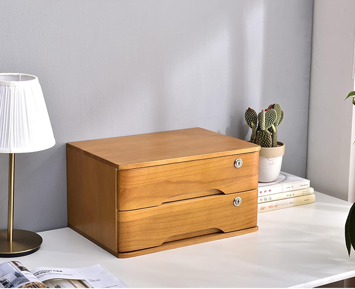 2 Drawer Office File Organizer Data File Cabinet - with Lock Office Desktop Storage Box Sundries Finishing Box, Frame Shelf Solid Wood Small Chest of Drawers Put A4 Paper