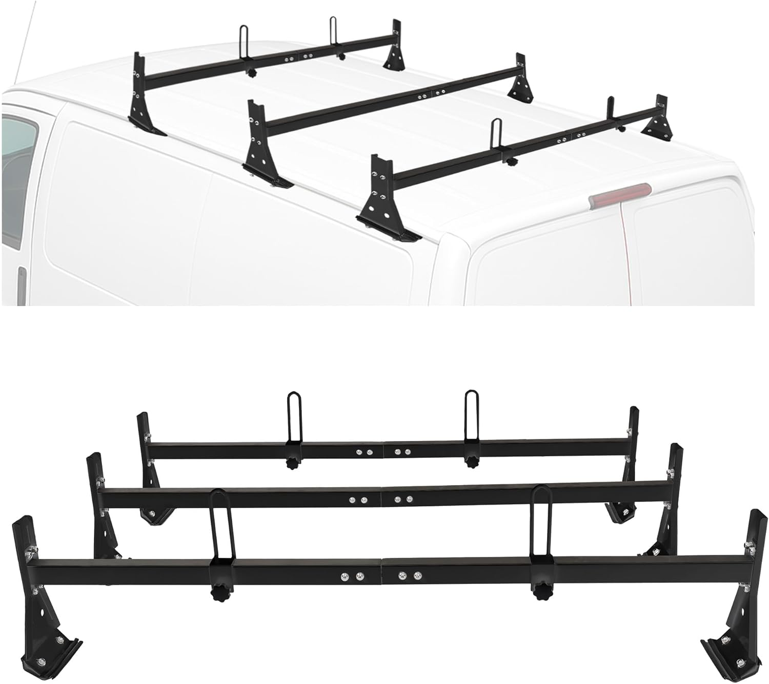 ECOTRIC Van Ladder Racks 3 Bar Roof Racks 59 Inches Compatible with 1996-Up Chevy Express Fullsize 800 LBS Capacity Steel Black