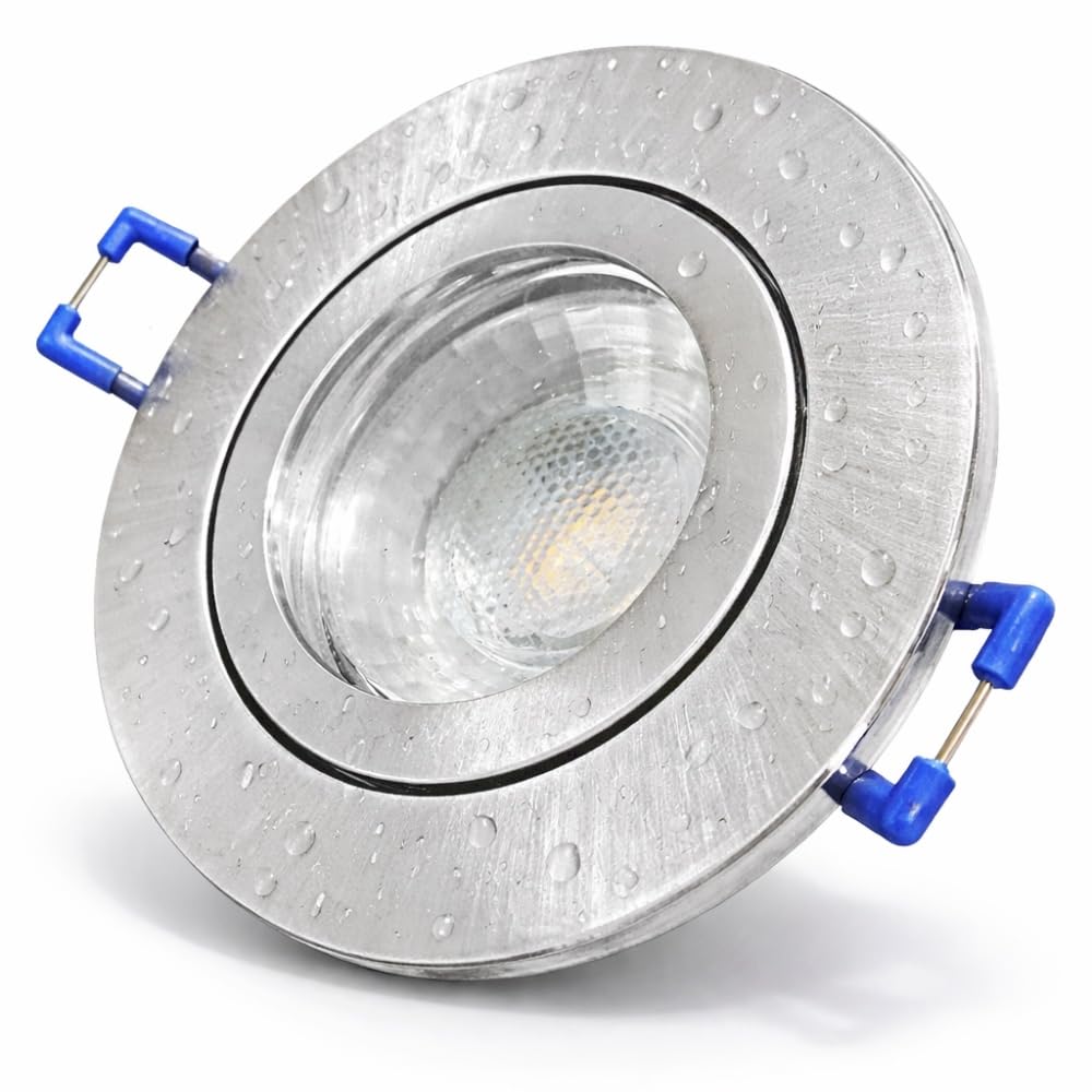 LED Decken Einbauspots 3er Set –, IP44, Feuchträume, Niederspannung 12V, 400 Lumen, Neutralweiß, 5W, Rund, inkl. Netzteil & 120cm Zuleitung mit AMP Stecker. Bad, Dusche, überdachter Aussenbereich