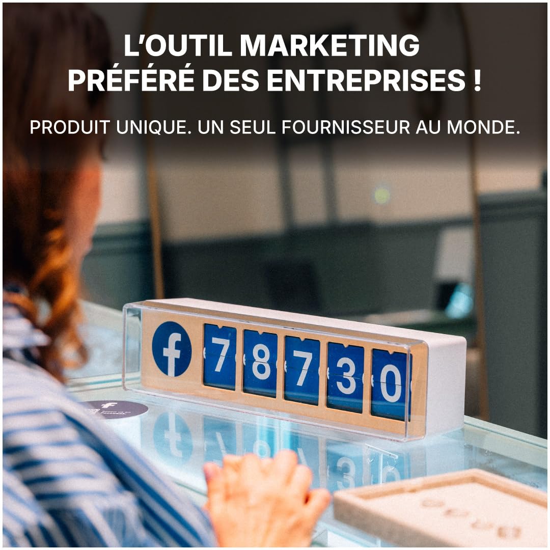 Compteur Abonnés Facebook Temps Réel, Volets Mécaniques, 5 Chiffres | Affichage Facebook à volets mécaniques. Idéal boutiques, cafés, restaurants. Wi-Fi + hotspot, installation en 5 minutes.