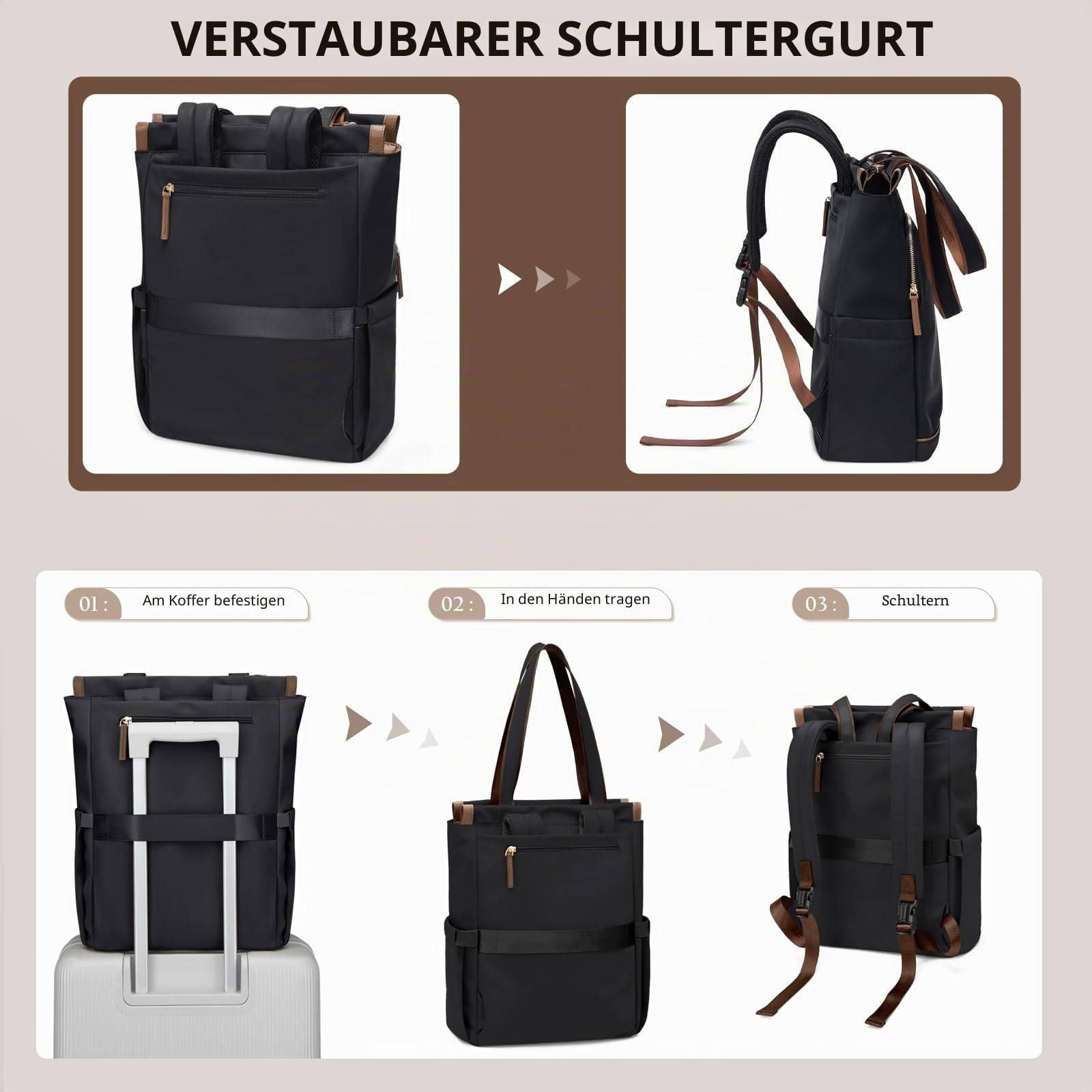 GOLF SUPAGS Convertible Laptop-Rucksack für Frauen Casual Daypack Notebook Tote Bag für Arbeit Hochschulen Reisen Freizeit (Schwarz)