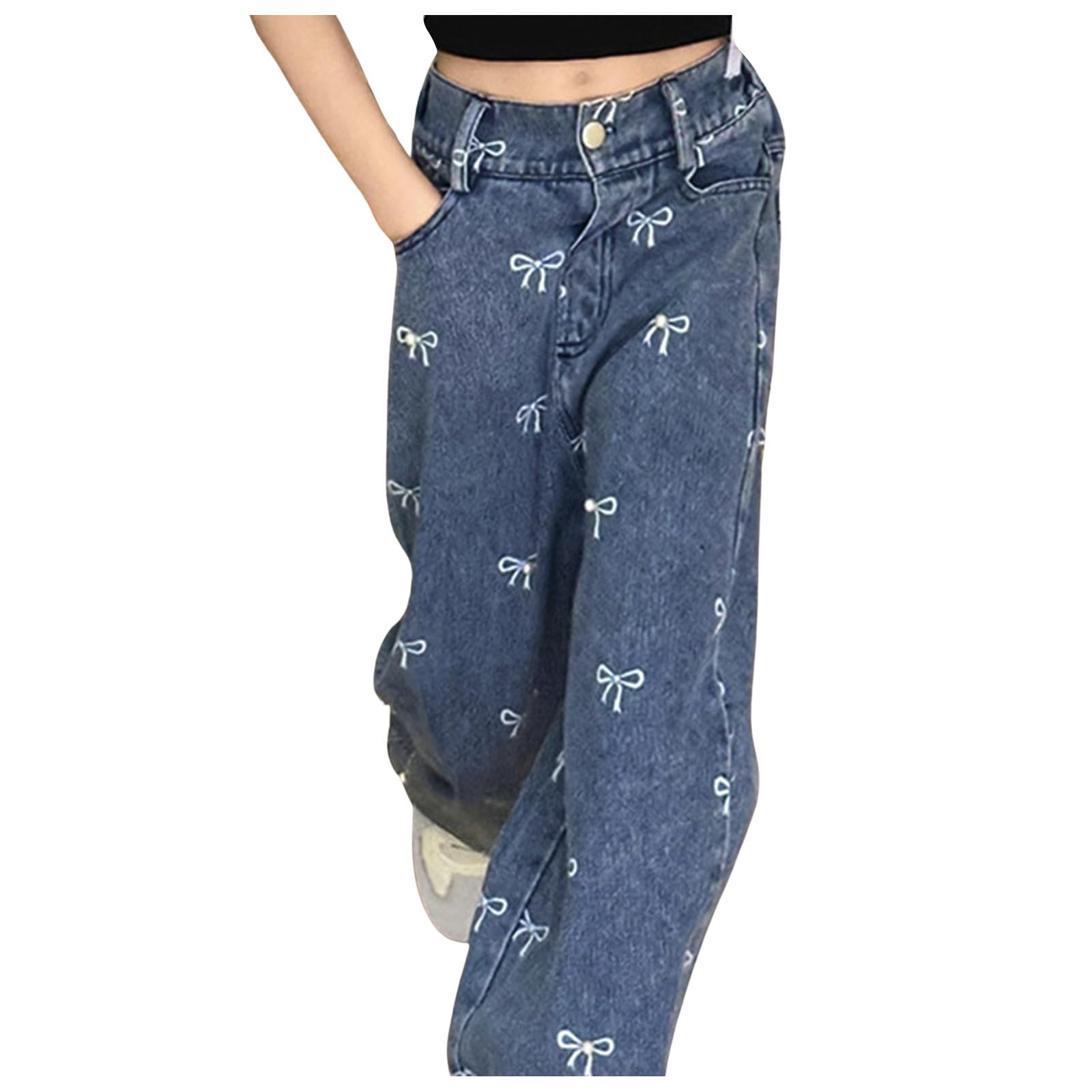 Pantaloni Outdoor Per Ragazze Ragazze Moda Personalità Pantaloni Elastico Vita Larga Gamba Jeans Stampa Fiocco Casual Demin Pantaloni Con Tasche S Ragazza Pantaloni 98