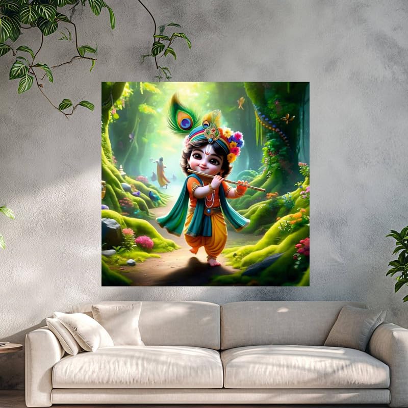 Image of British Terminal Cute little Bal Gopal Baby God Krishna| Kanha Ji | Laddu Lord Makhan Chor Painting Religious Poster for Pregnant Women for wall (matt thin vinyl,sticker,multicolor,unframed)| bj126
