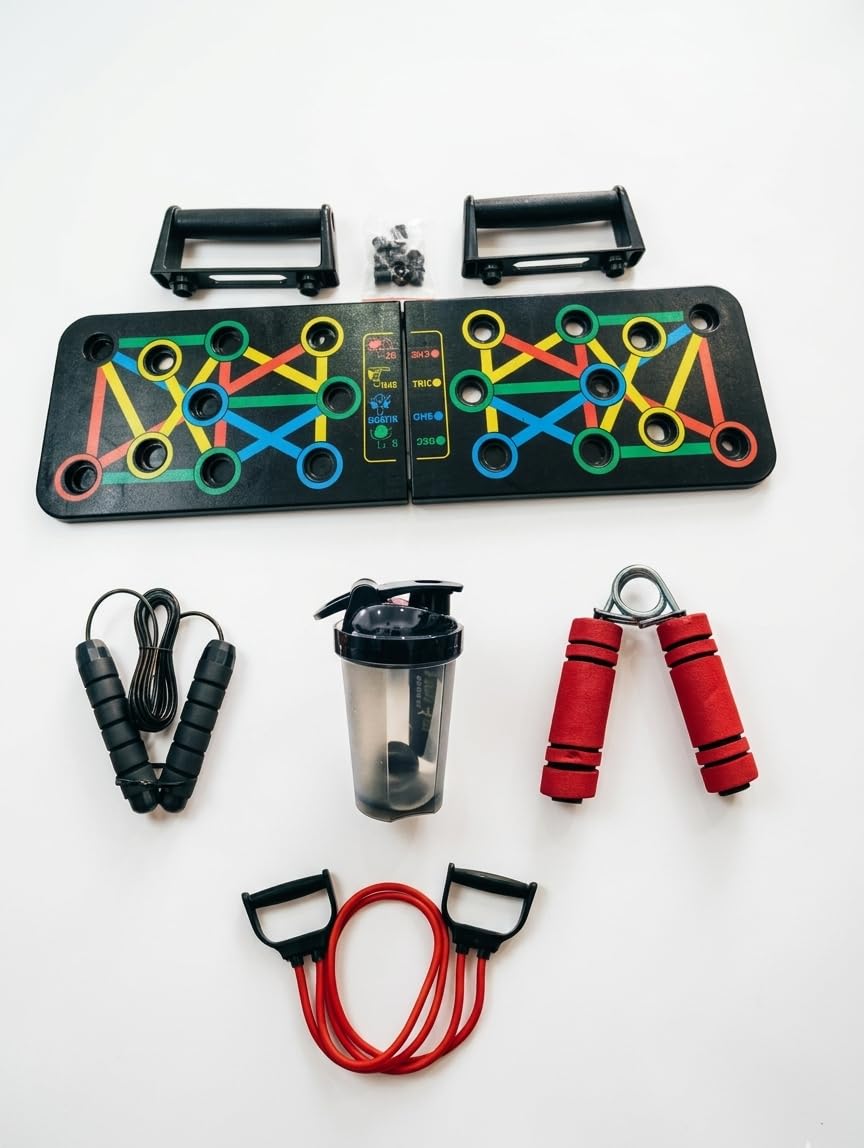 Ultimate Home Fitness Studio 5-in-1 Push-Up Board Set with Double toning Resistance Band, Skipping Rope, Shaker Bottle, Hand Grip for Home Gym Training-picture-17