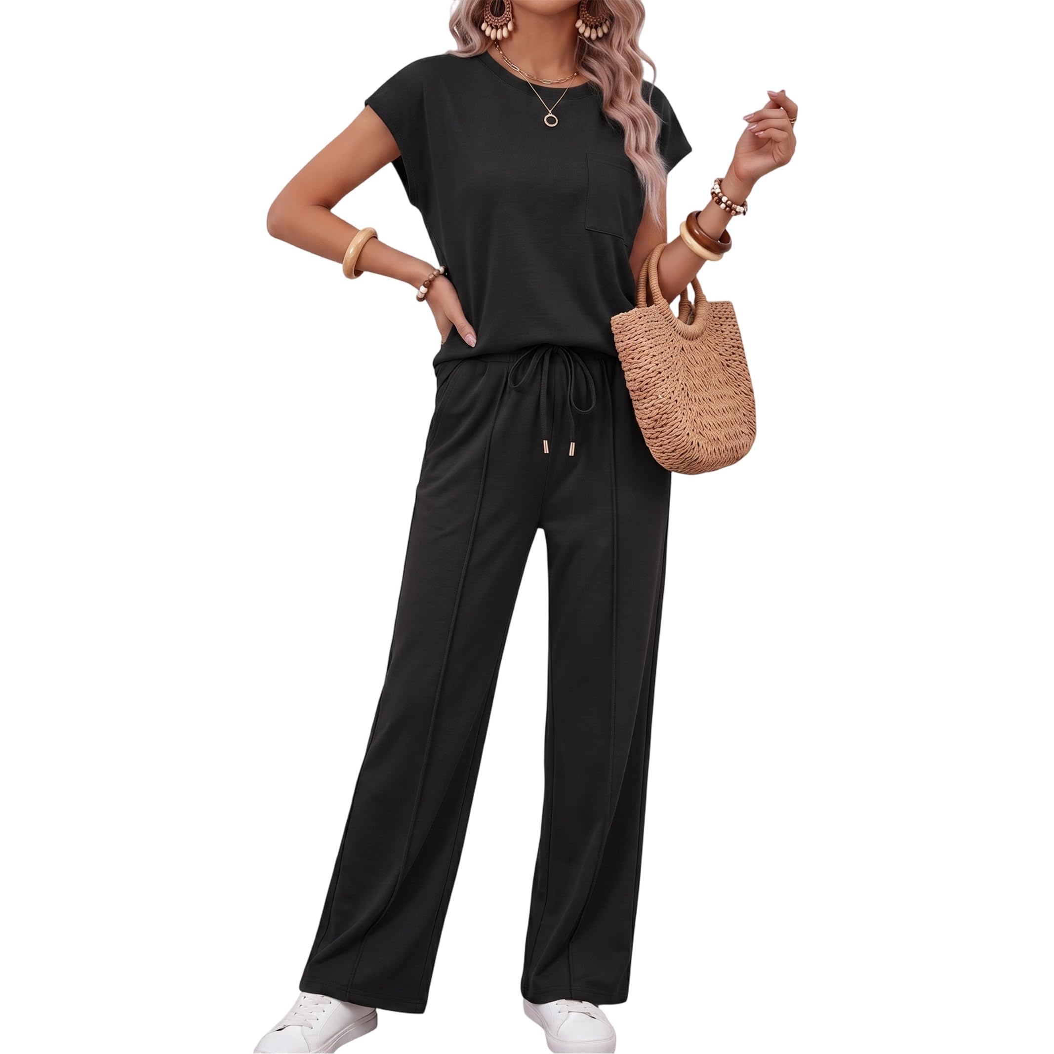 Conjunto de 2 piezas para mujer, conjunto de verano para mujer, manga casquillo, cuello redondo, pantalones de pierna ancha con bolsillos, chándal completo, conjuntos de ropa de descanso