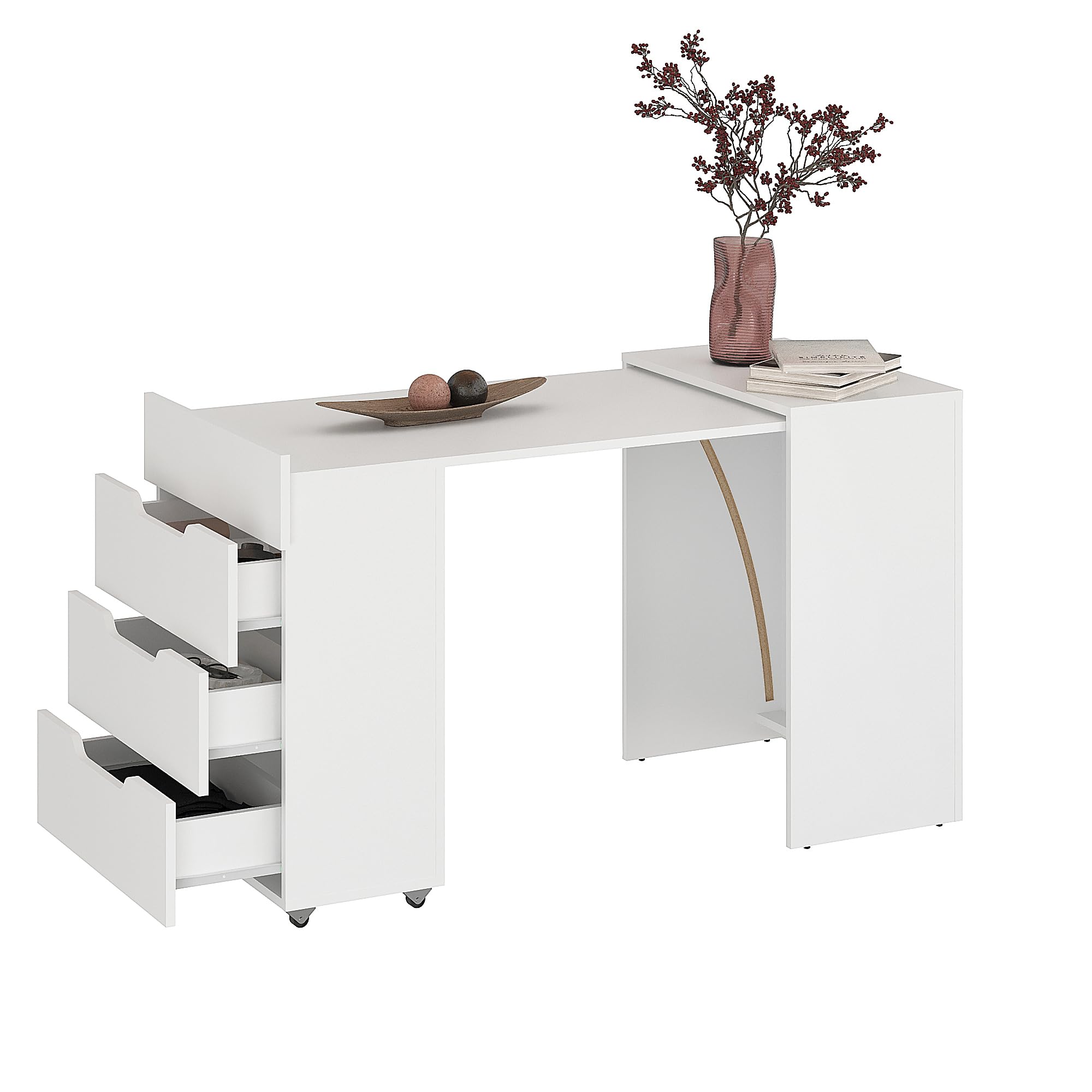 Komto Bureau Pliable Blanc avec 3 Tiroirs – Table Informatique PC, Meuble de Travail Gain de Place pour Petit Espace | FOLDY 128 x 60 x 75 cm