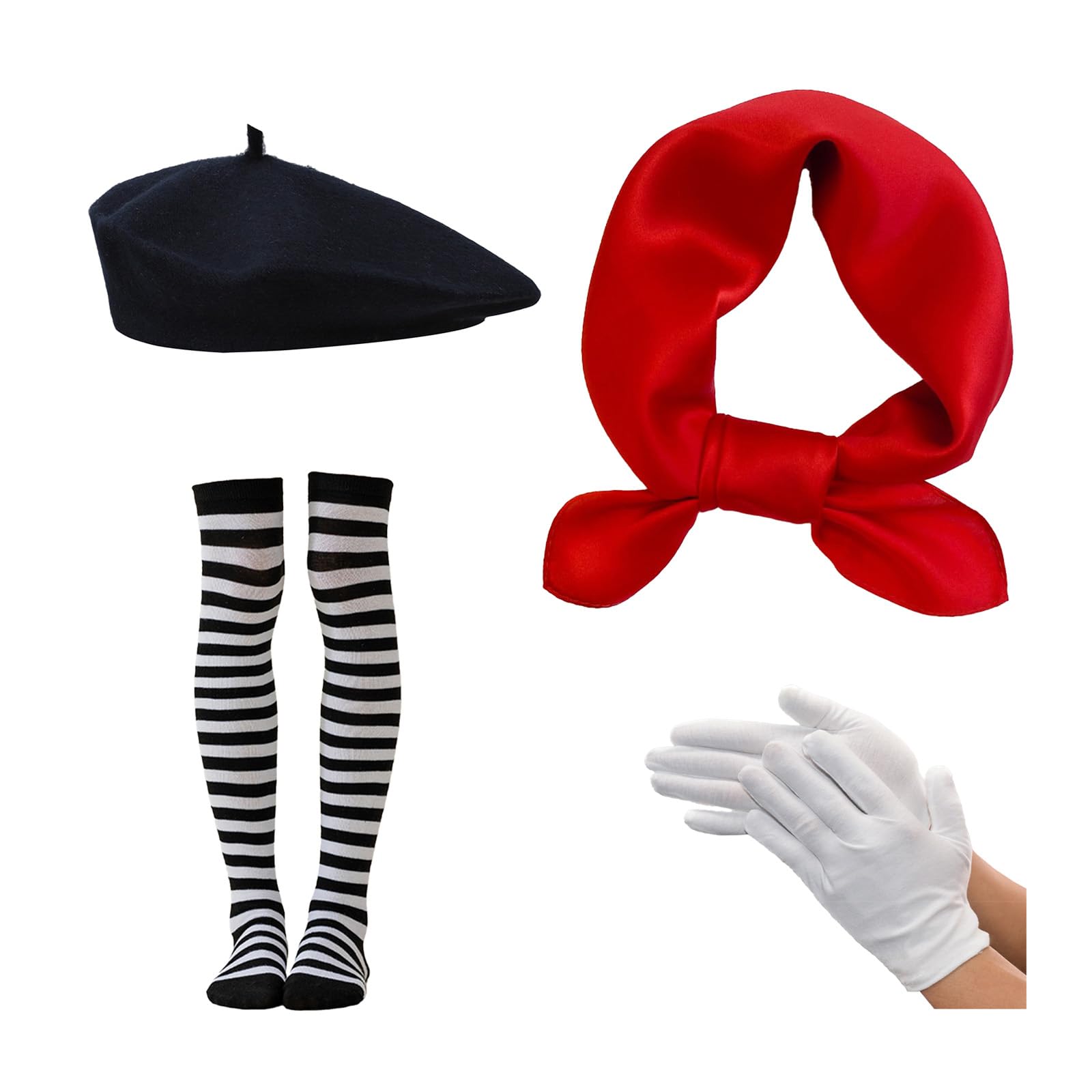 Pantomime Clothing Fashion Beret Retro Casual Round Hat Striped Knee Socks White Cotton Gloves Red Silk Scarf Small Square Neckerchief Cosplay Carnival Costumes Masquerad Pack of 4 - Image 2