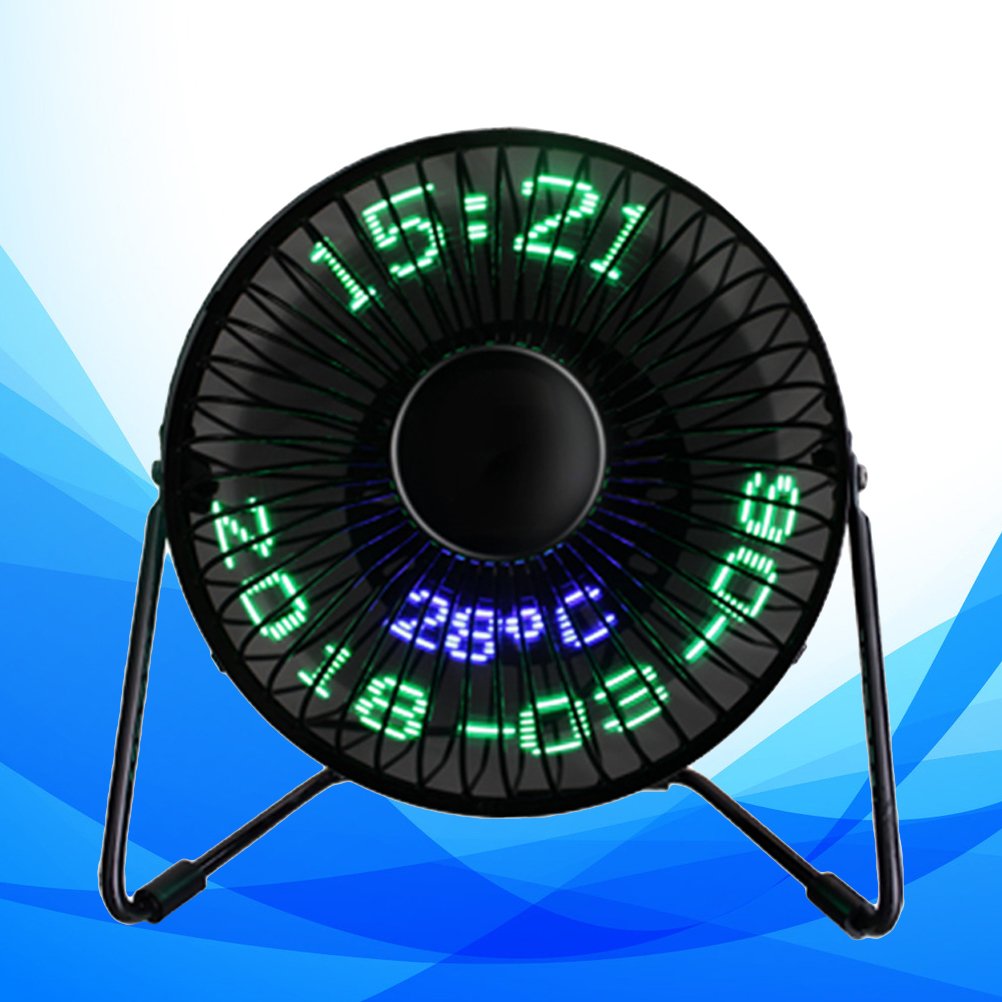 Mini ventilatore USB a LED, ventola di raffreddamento portatile da tavolo con orologio in tempo reale, calendario e visualizzazione della temperatura, per uso domestico e ufficio, funzione messaggio