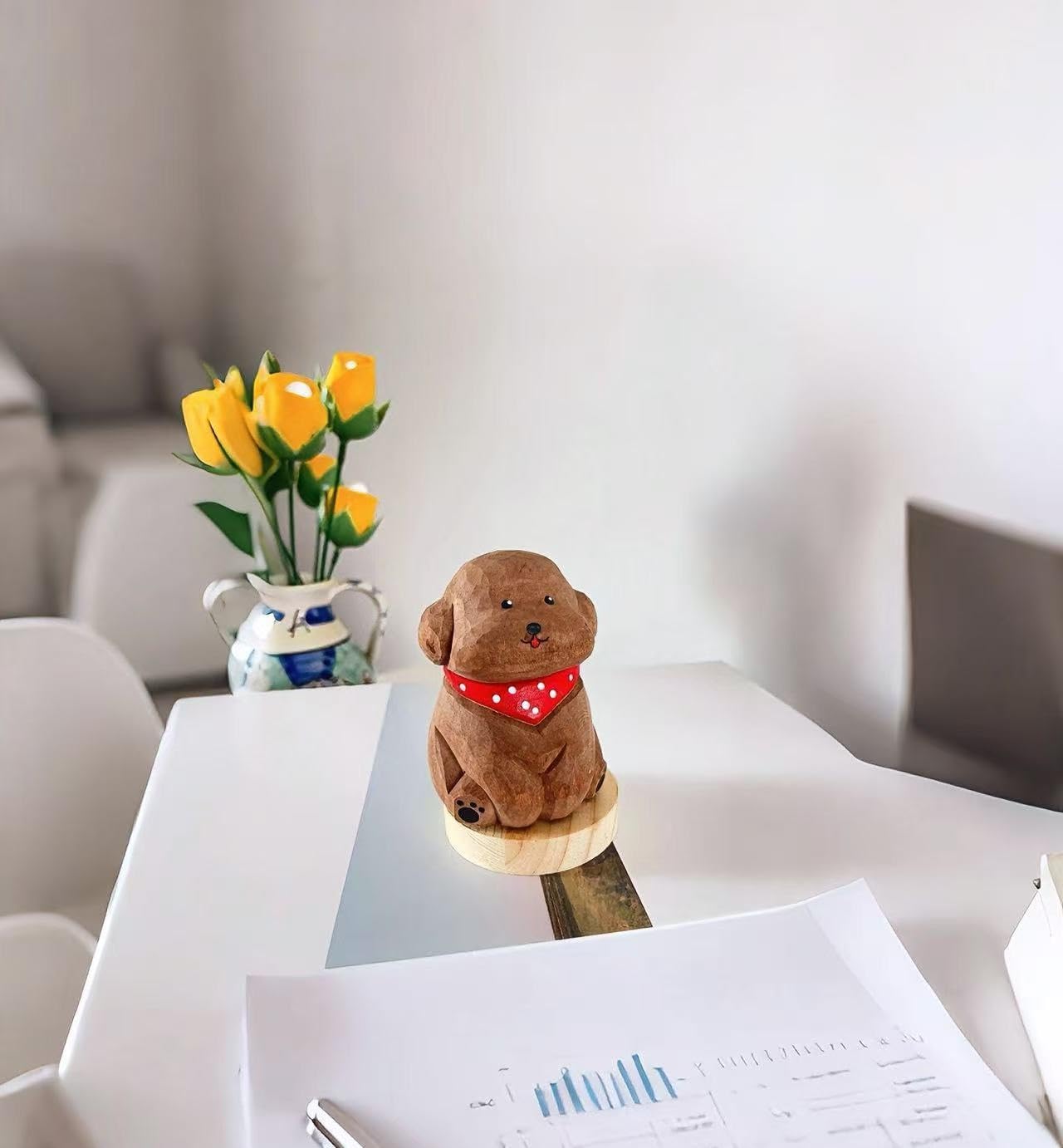 Cute Wood Teddy Dog Figurine, 2.7'Handmade Carved Brown Teddy Statue with Base, Unique Pet Dog Figure Collectibles Home Decor, Gift for Pet Lover - Image 3