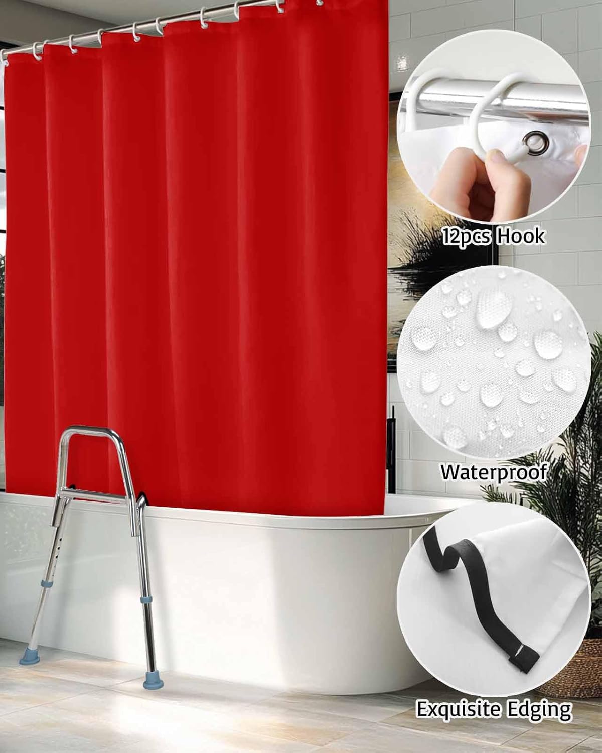Shower Curtain for Tub Transfer Bench Pure Red Waterproof Split Shower Curtain with 2 Separated Away Slits Solid Color Bathroom Curtains with 12 Hooks 72 x 84 Inch