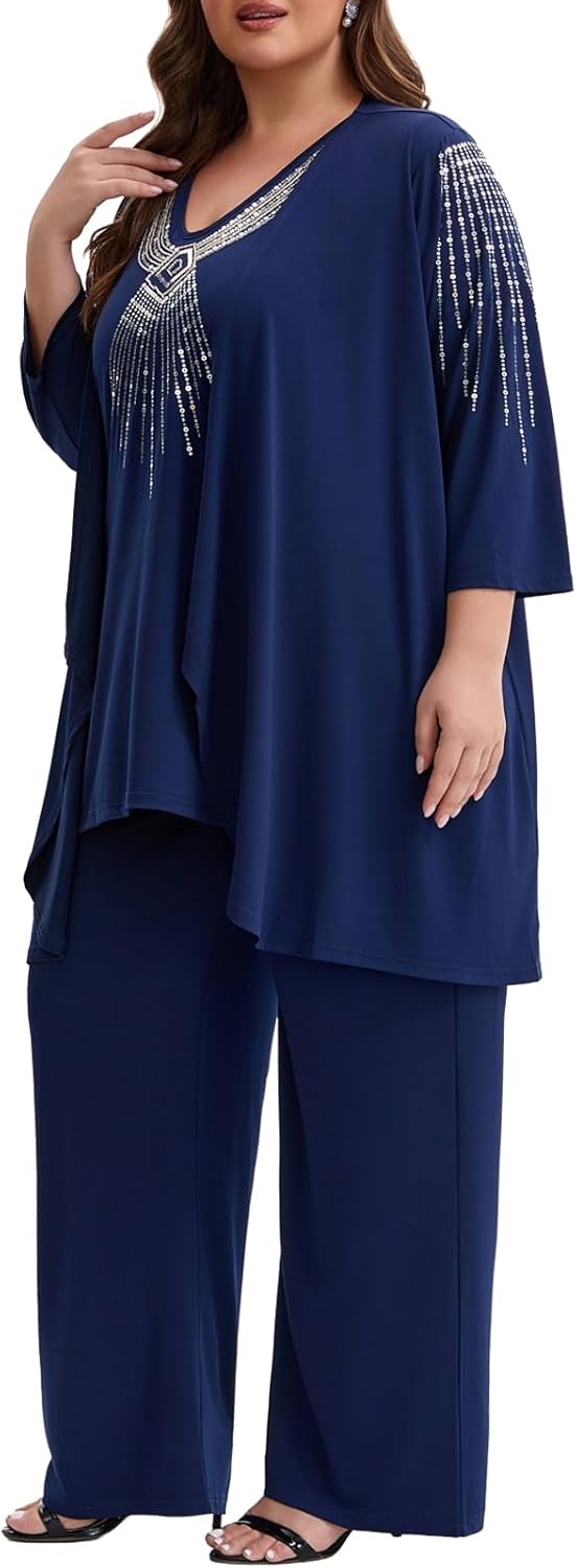 Womens Plus Size Mother of Bride Pant Suits 3 Piece Elegant Soft Knit Embroidered Sequin for Wedding Guest Cocktail Party - Image 4