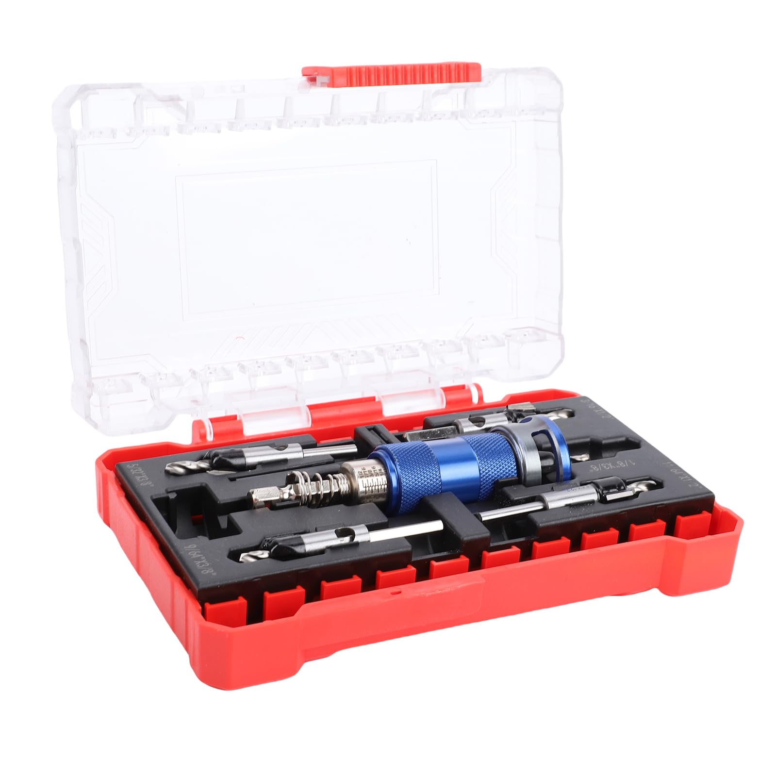 Bewinner Juego de Brocas Avellanadoras para Carpintería, Tope de Profundidad Ajustable Semiautomático con Caja de Almacenamiento, Incluye 5 Brocas Cónicas HSS M2 con Avellanador de 82°