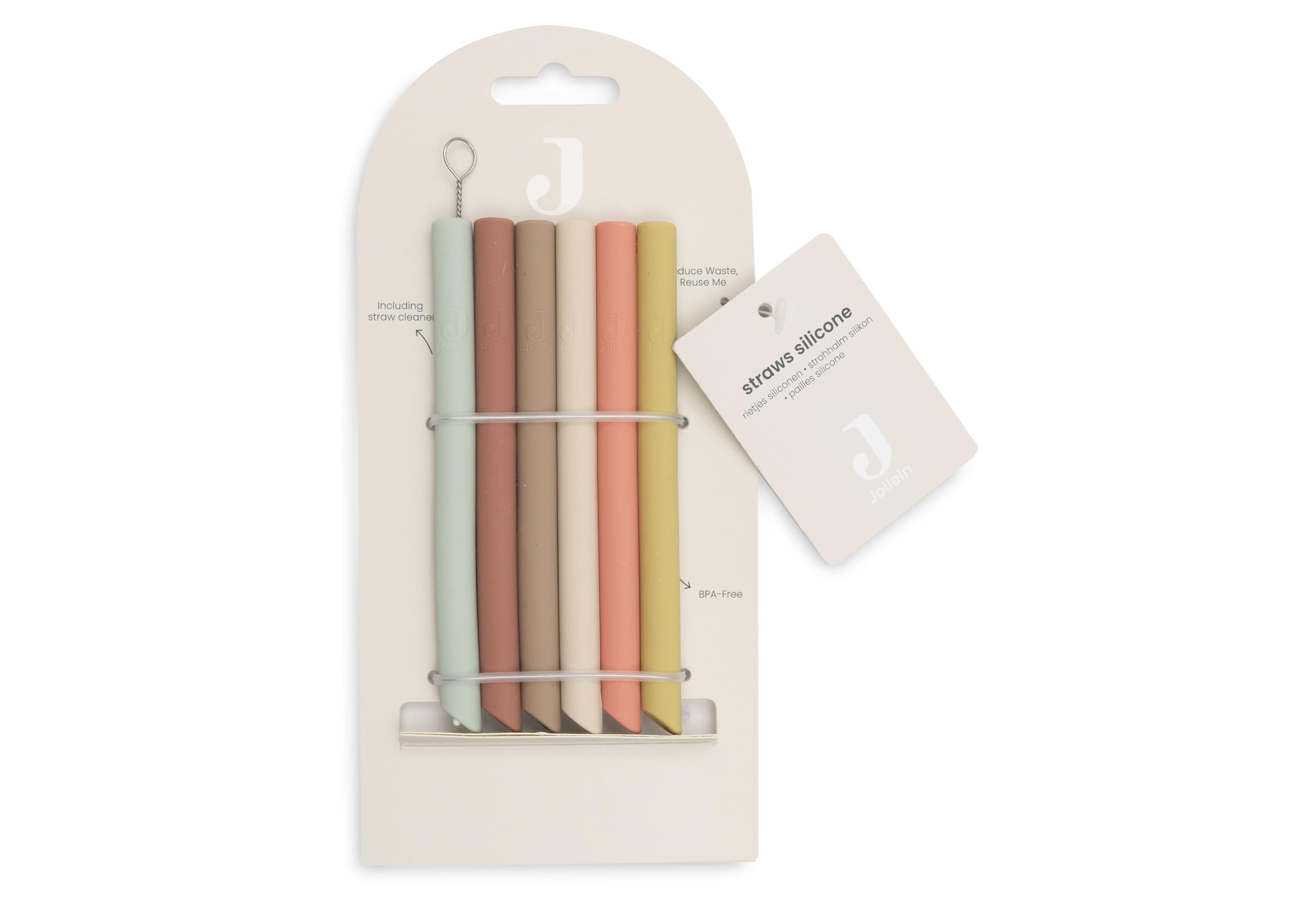Jollein Pailles en silicone - Mixed Shades - lot de 6 - pailles réutilisables en 100% silicone - avec brosse de nettoyage - souples, sûres et compatibles lave-vaisselle