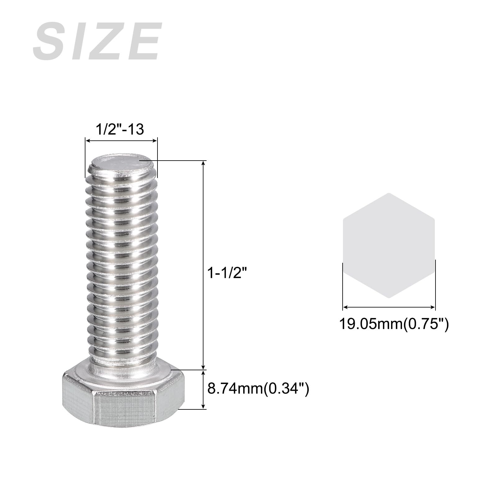 METALLIXITY Hex Head Bolts (1/2-13 x 1-1/2") 20Pcs, 304 Stainless Steel 18-8, Fully Threaded, External Hex Drive - Image 2
