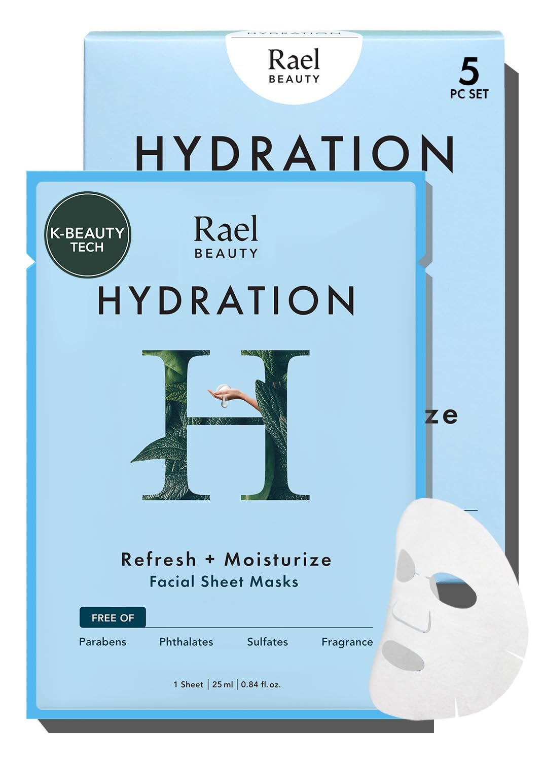 Rael Mascarilla Facial Hidratante – Skincare Coreano, para piel luminosa, con Ácido Hialurónico & Extractos de Fruta, Mascarilla de Bambú, Sin Fragancia & PEGs, Vegano & Cruelty-​Free (5 unidades)