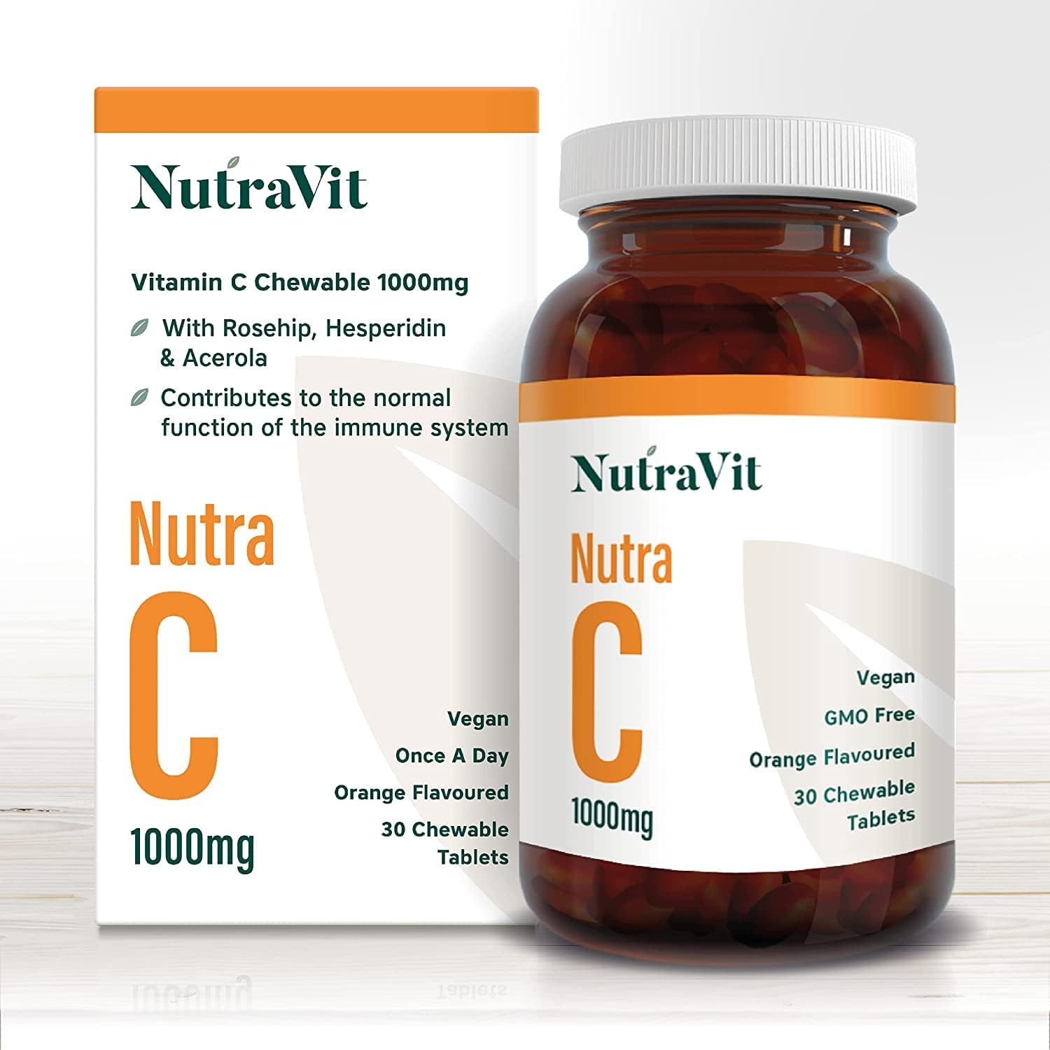 Nutra C Chewable – Vitamin C Tablets 1000mg, 30 Orange Chewable VIT C Tablets. High Strength Ascorbic Acid Vitamin C, Immune System Booster. Rosehip, Hesperidin & Acerola. Vegan Friendly – NutraVit