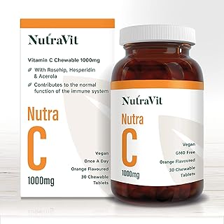 Nutra C Chewable - Vitamin C Tablets 1000mg, 30 Orange Chewable VIT C Tablets. High Strength Ascorbic Acid Vitamin C, Immune System Booster. Rosehip, Hesperidin & Acerola. Vegan Friendly - NutraVit