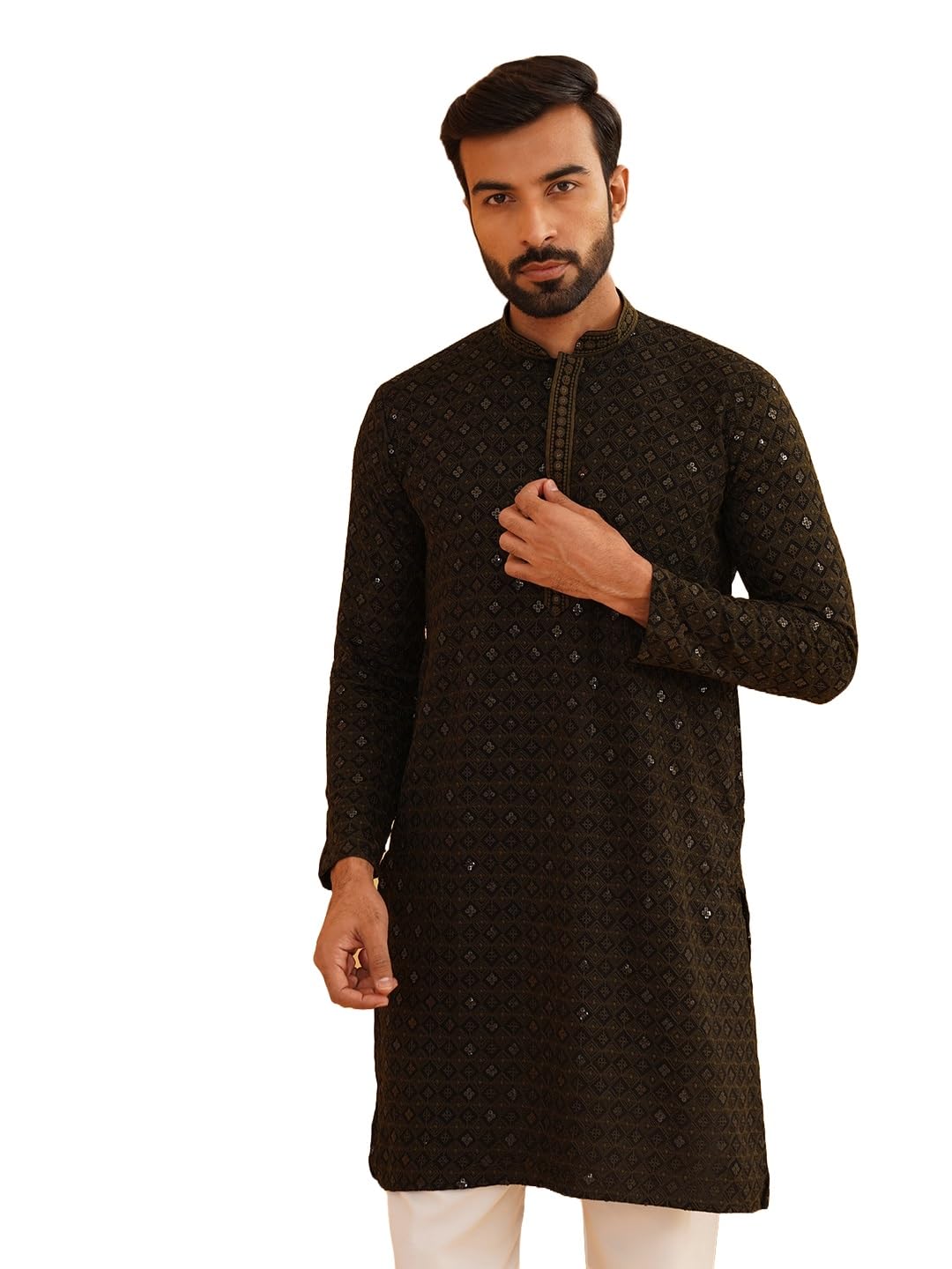 Sojanya (Since 1958 Men's Cotton Contrast Embroidered Sequinned Mehndi Long Kurta Size 40