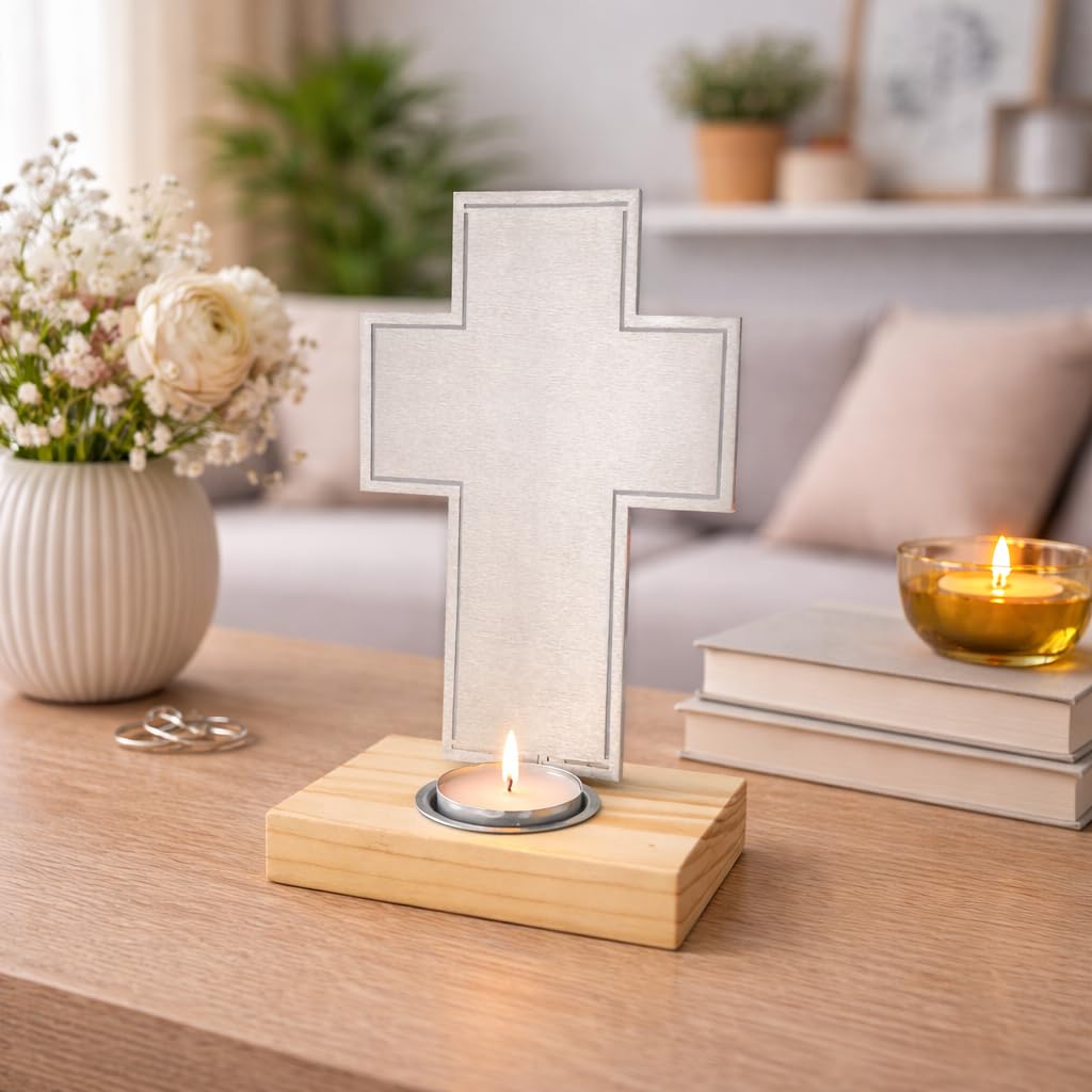 Fritz Cox Stehkreuz mit Teelichthalter - moderne Symbolik und Spiritualität | Edelstahlkreuz und stabiler Holzsockel | z.B. für einen Tisch-/Trauer-Altar zuhause oder Gedenkstätte | 20cm