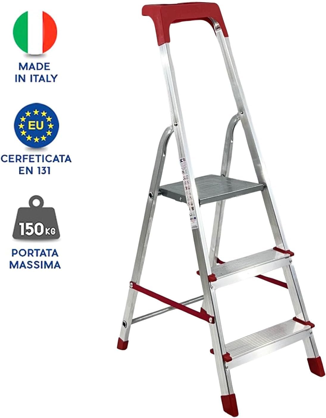 Hytama Scala Domestica in Alluminio Martina Leggera Portatile Scaletto con Vaschetta Portaoggetti Pieghevole Robusta Salvaspazio portata 150 kg made in Italy certificata + Guanti Omaggio (3 Gradini)