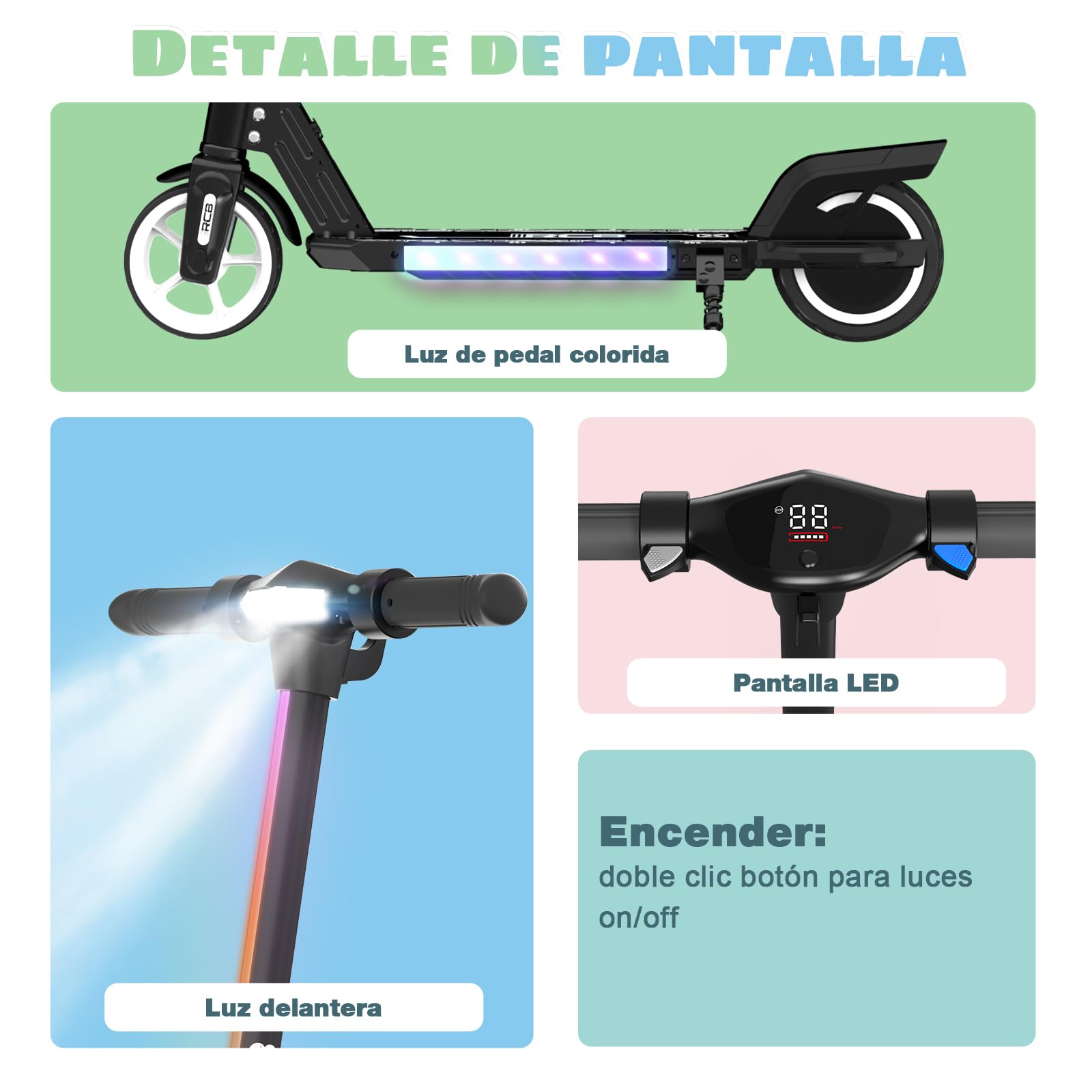 R12 Patinete Electrico para Niño de 6 a 12 años, Scooter Eléctrico Niños de 6,5" con Luces LED y 3 velocidades, Máxi 15 km/h, Autonomía Máxi 10km, Carga Máxi 50 kg, Luces Coloridas