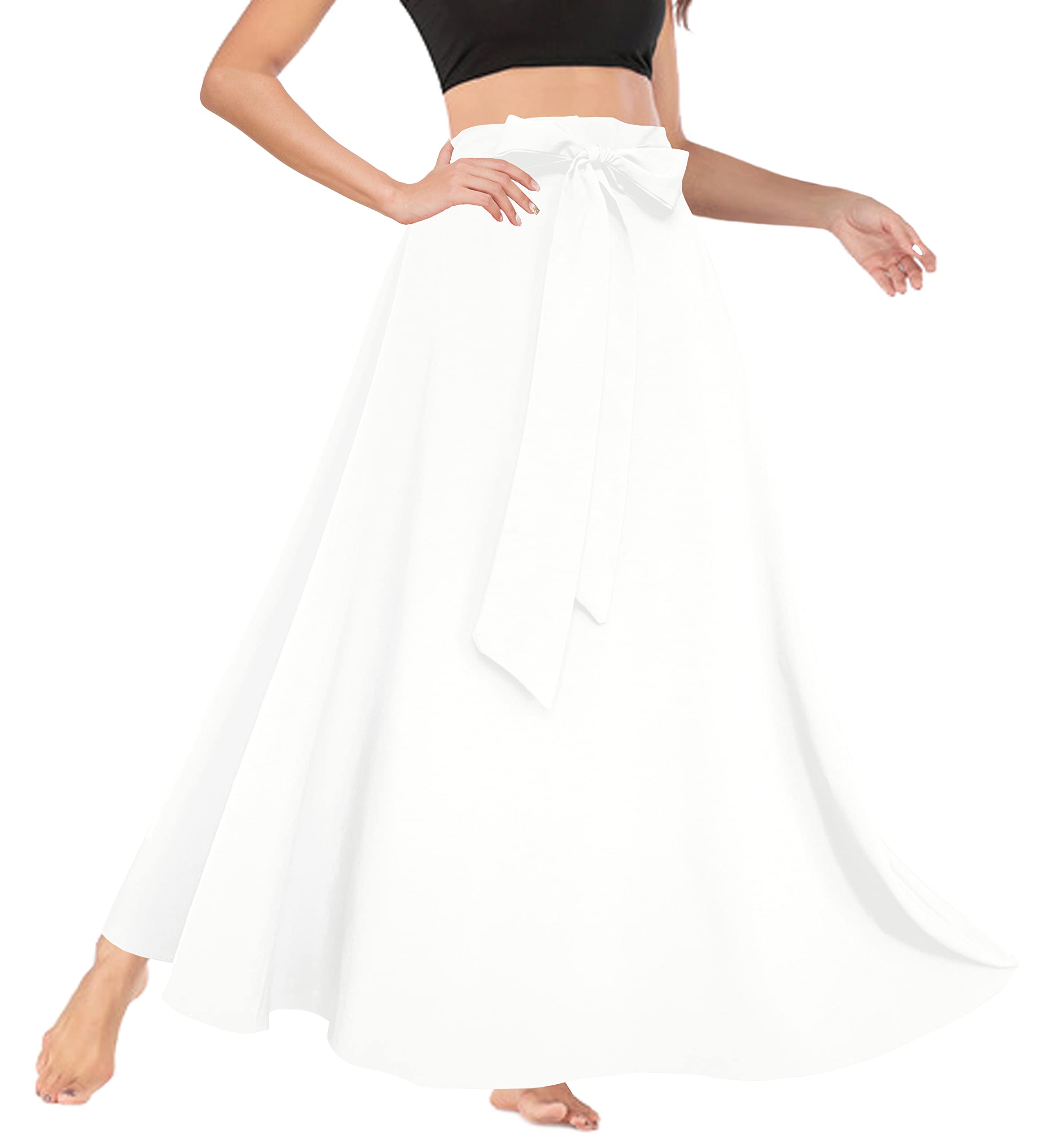 Afibi Women's High Waist Skirt Tie Front A-Line Flowy Long Maxi Skirts with Pockets